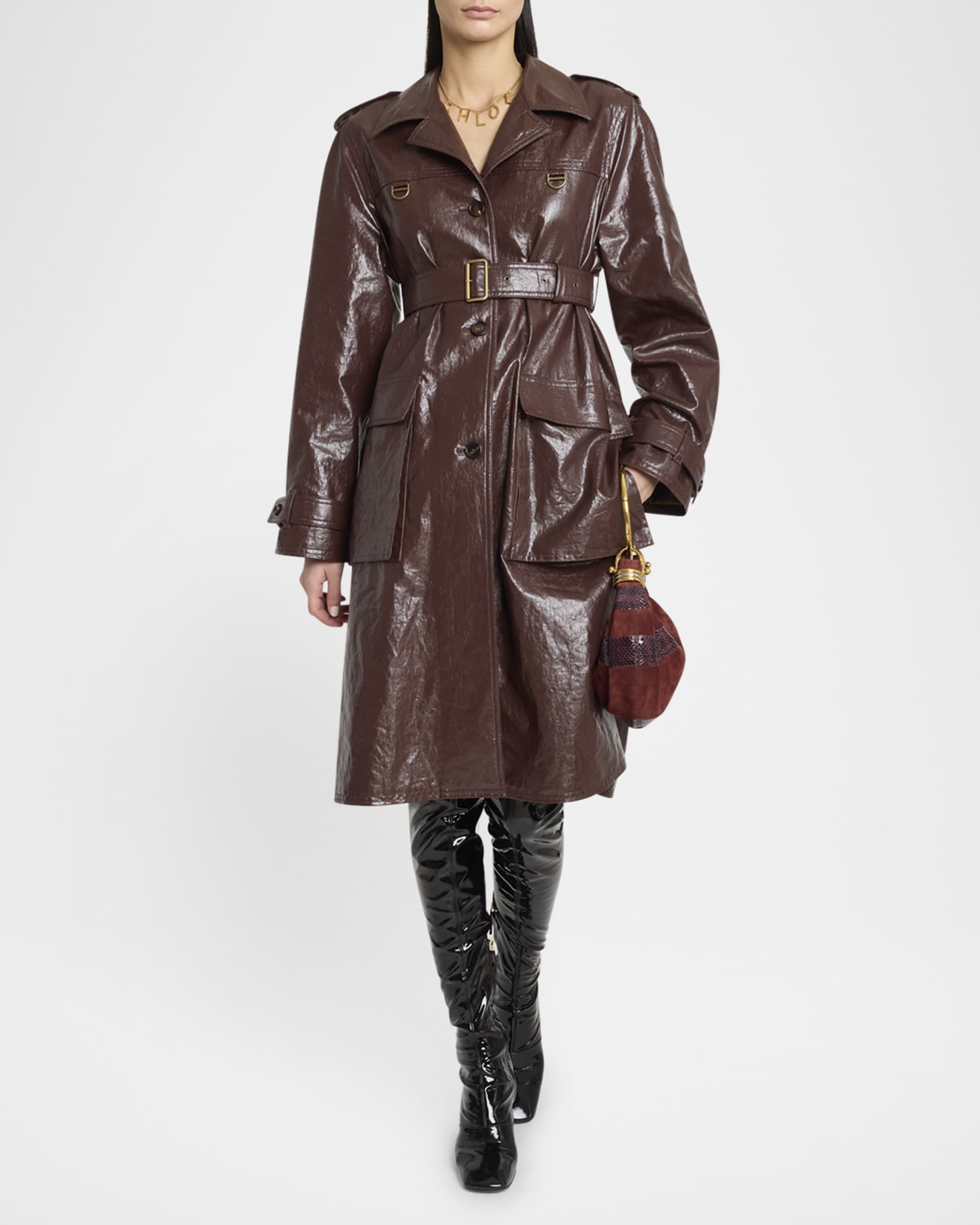 Belted Shiny Coated Cotton Trench Coat 1