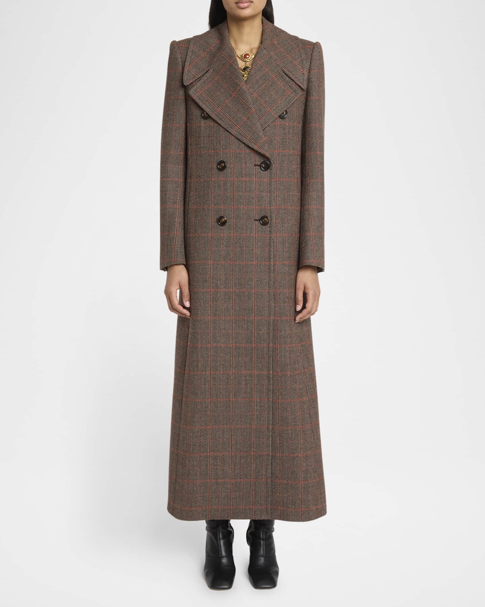 Chloe Plaid Double-Breasted Long Coat | Neiman Marcus