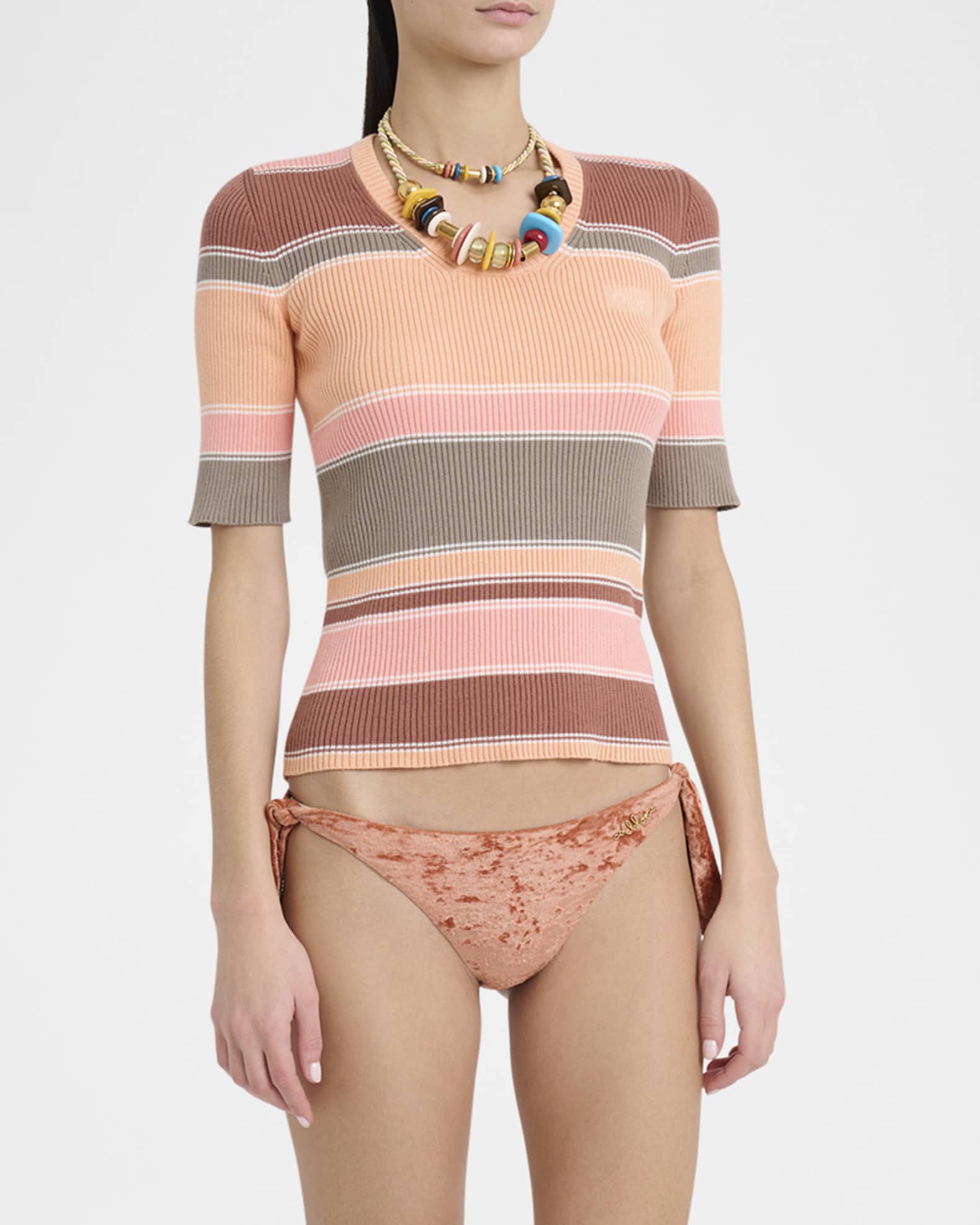Chloe Striped Crewneck Rib Knit Cotton Top | Neiman Marcus