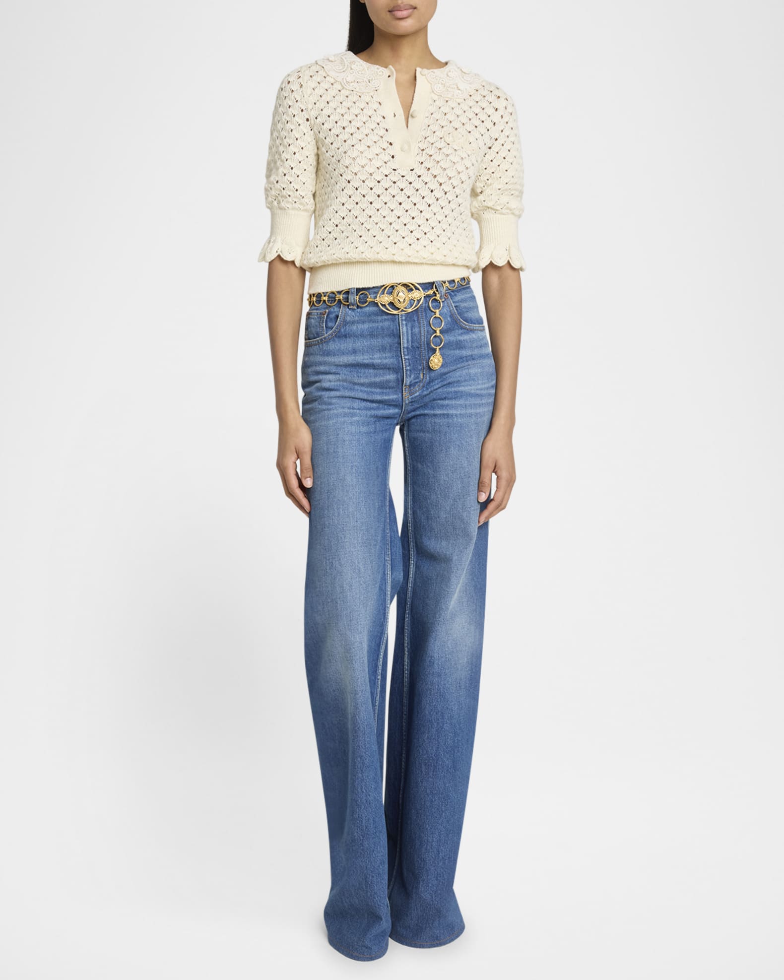 Chloe Lace-Collar Open Knit Polo Top | Neiman Marcus