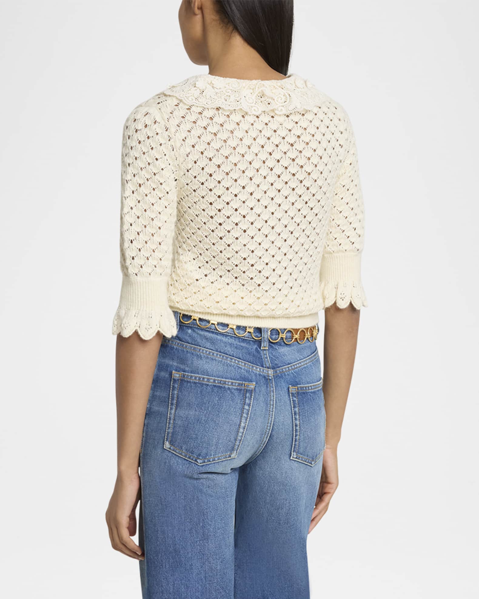 Chloe Lace-Collar Open Knit Polo Top | Neiman Marcus