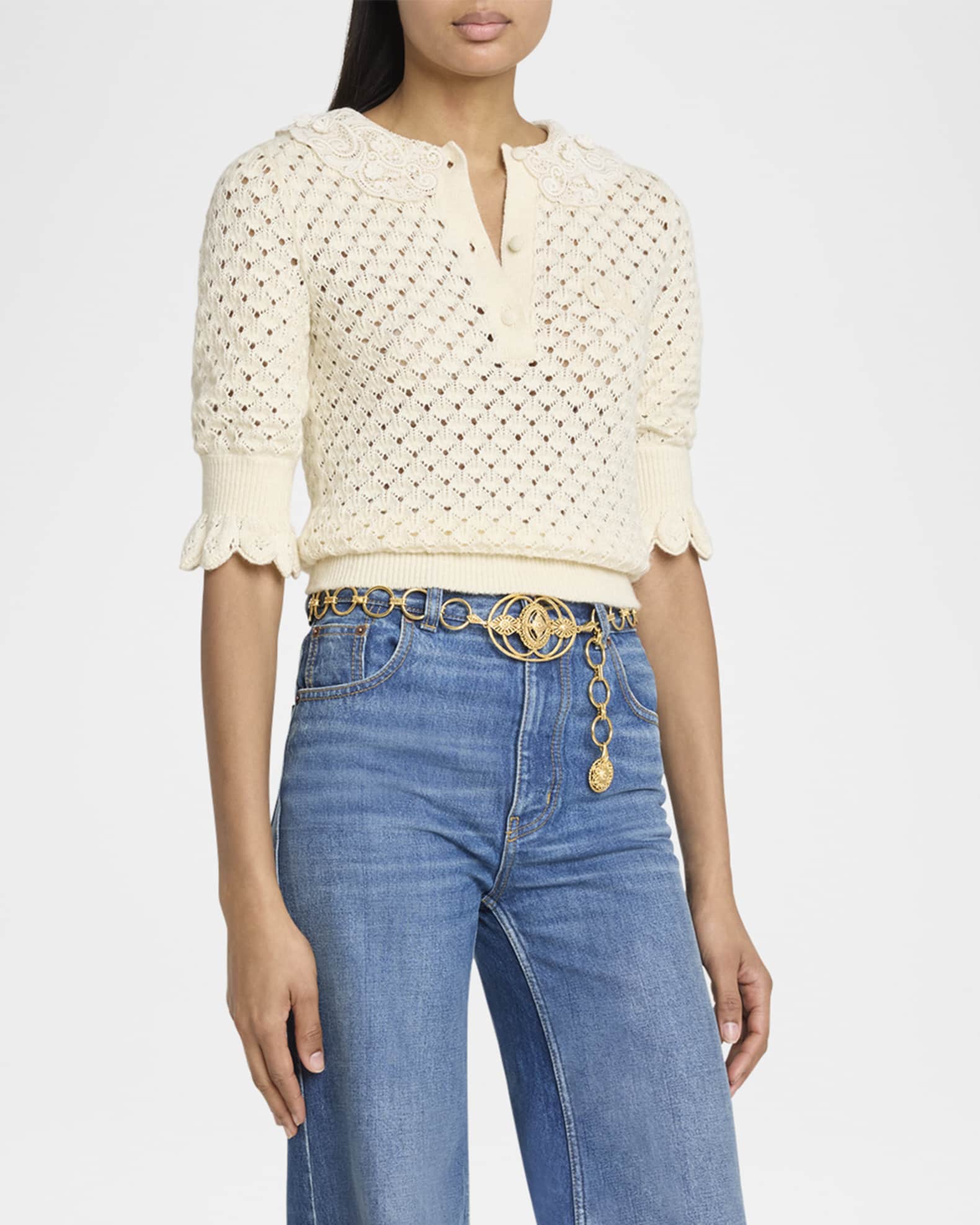 Chloe Lace-Collar Open Knit Polo Top | Neiman Marcus