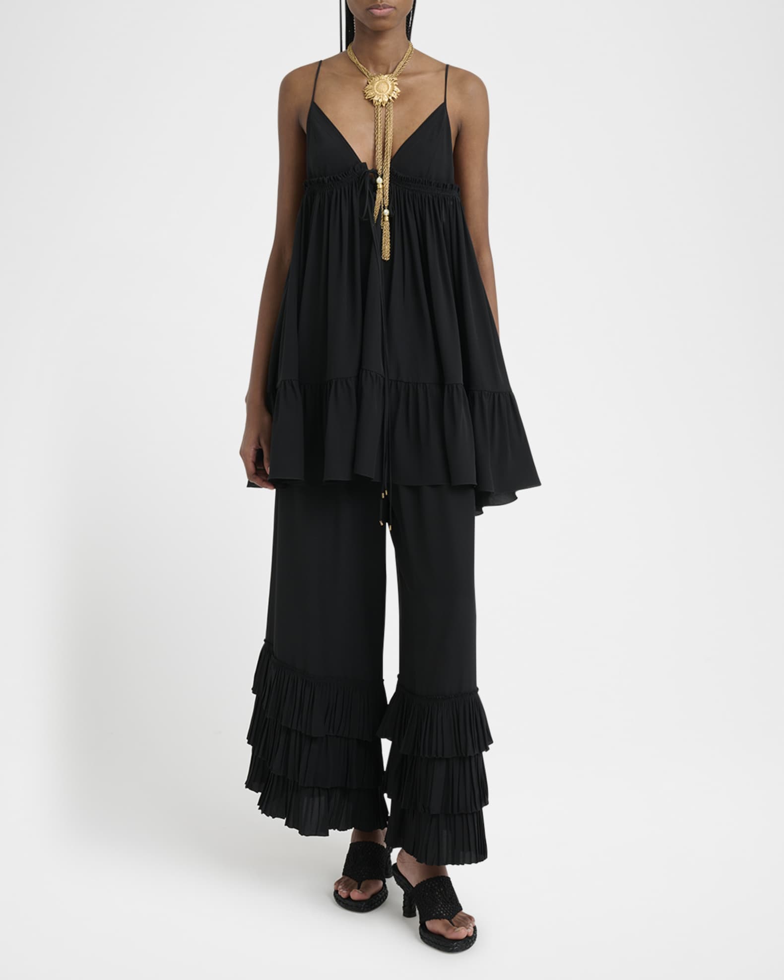 Chloe V-Neck Ruffle Mini Babydoll Dress | Neiman Marcus