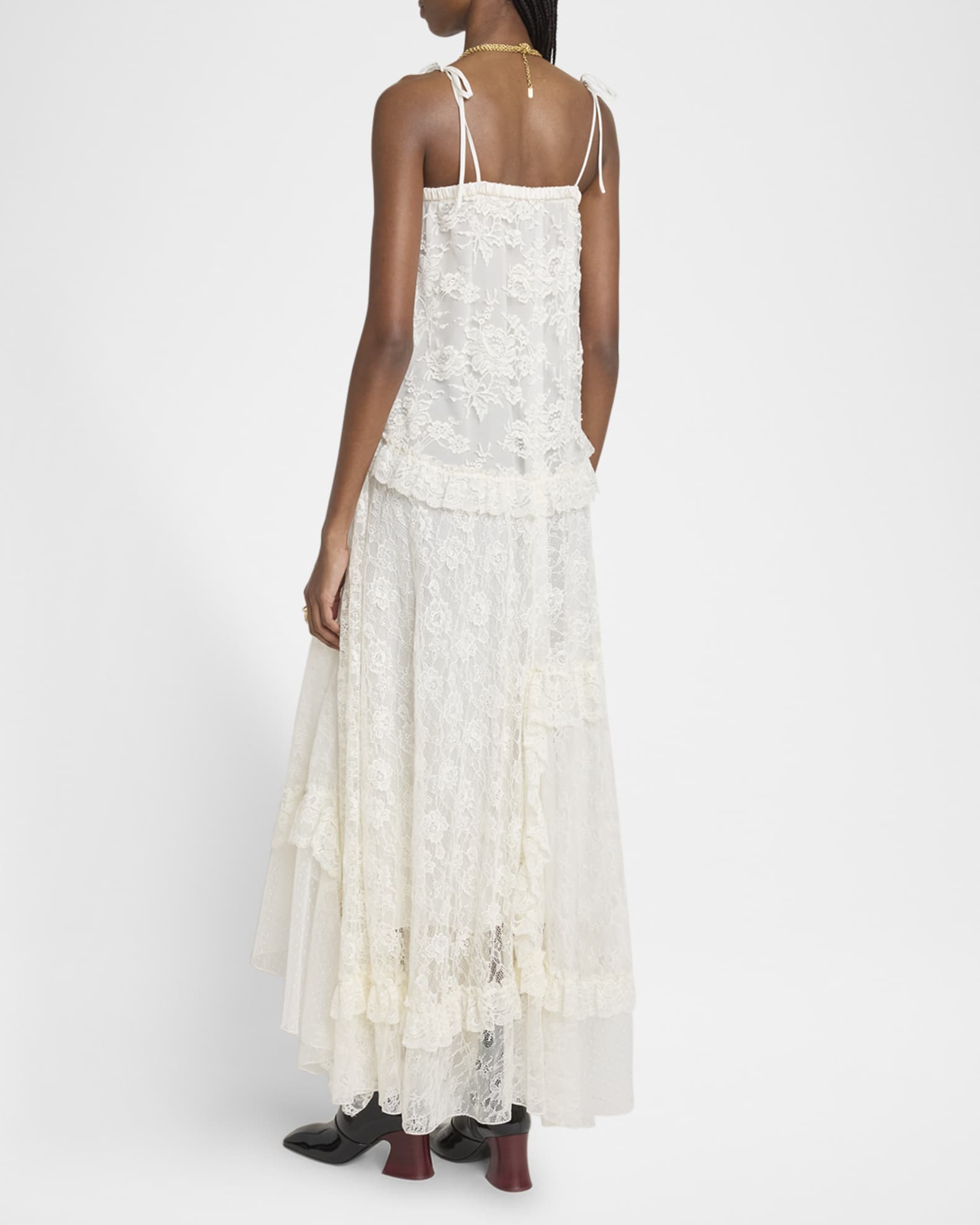 Chlo Thin-Strap Long Dress in Embroidered Lace Women's White Size 6 100% Cotton