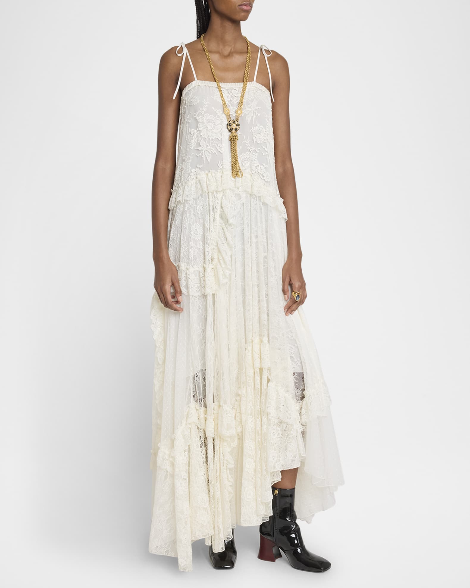 Chlo Thin-Strap Long Dress in Embroidered Lace Women's White Size 6 100% Cotton