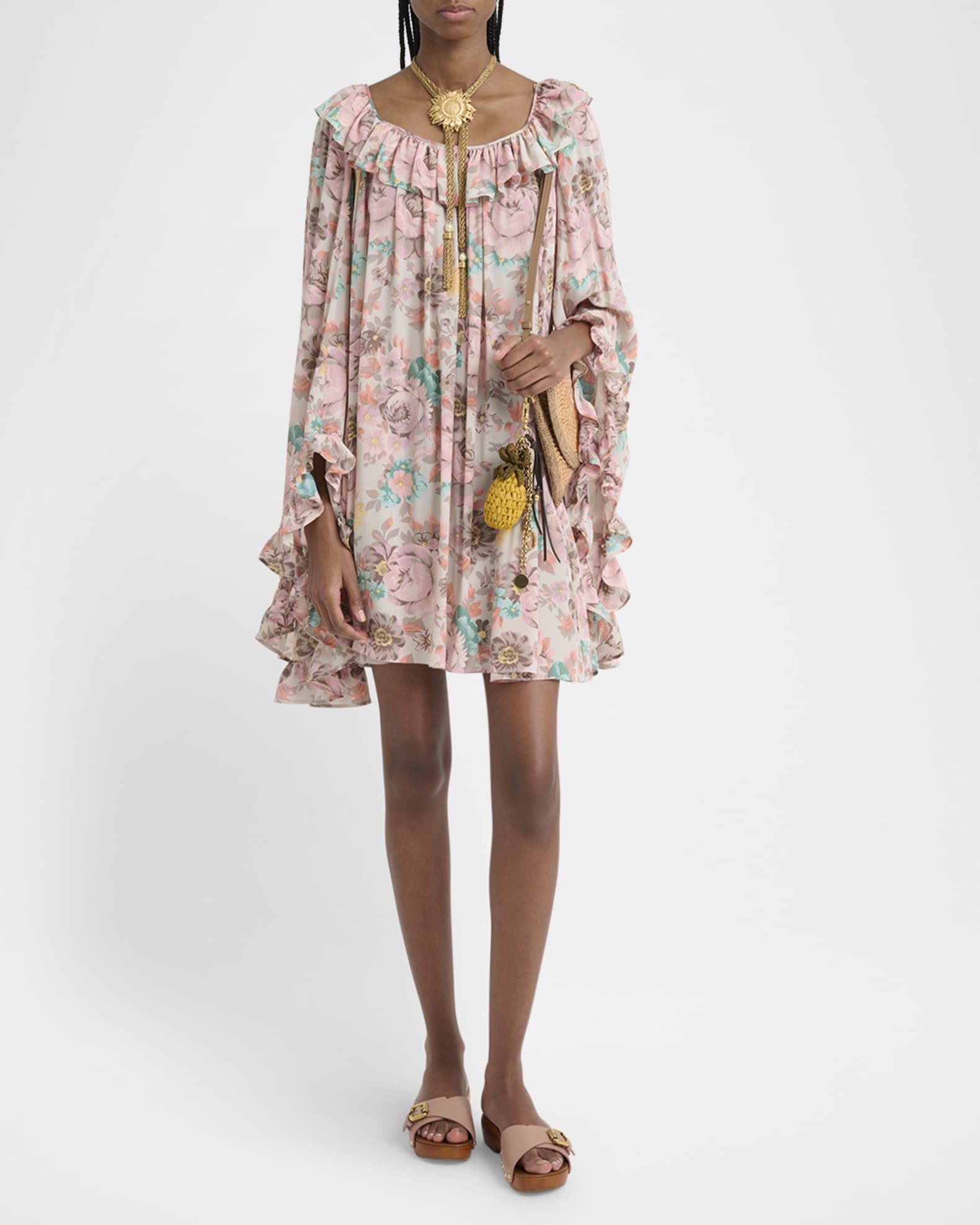 Ruffle-Trim Silk Mini Shift Dress 1