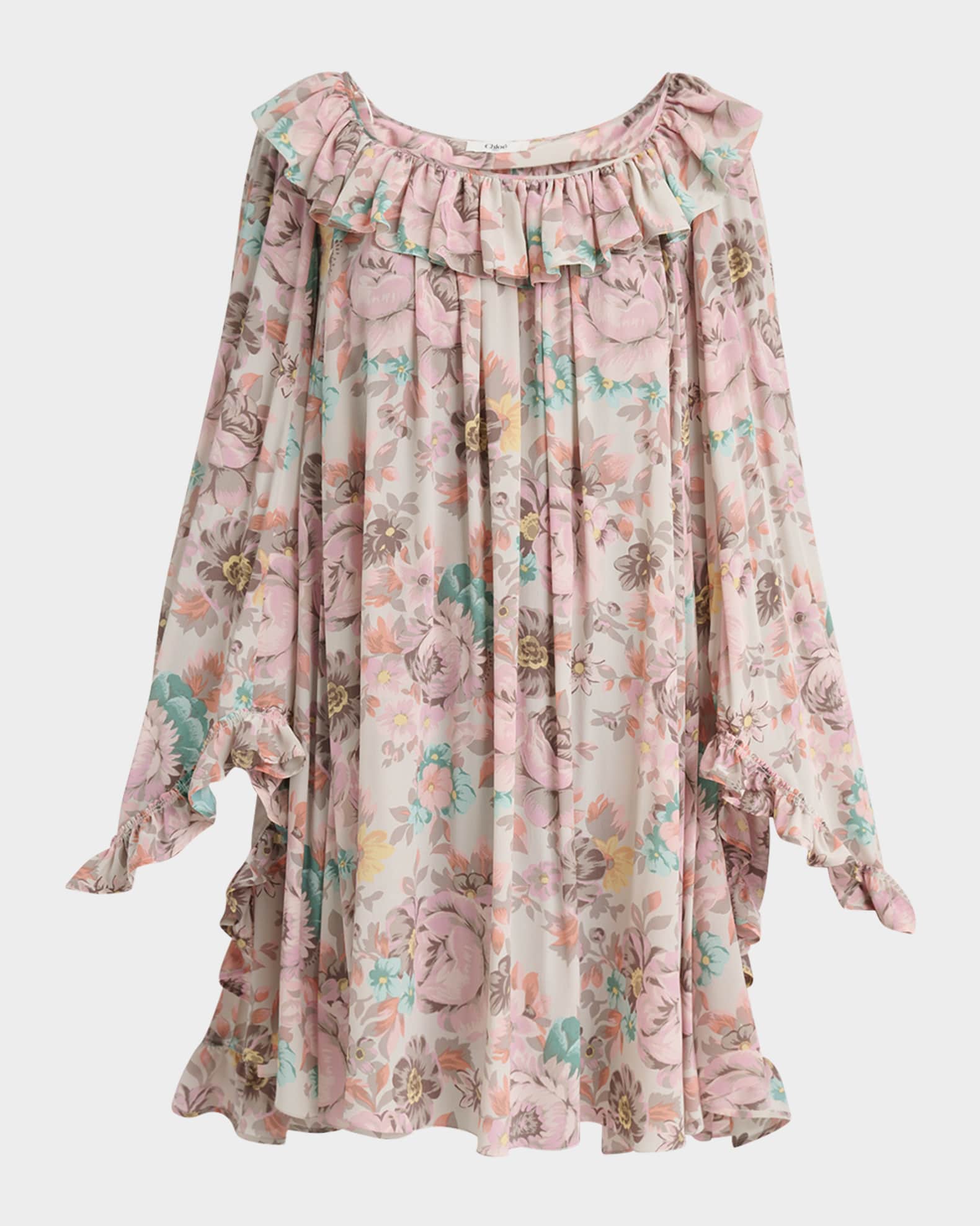Chloe Ruffle-Trim Silk Mini Shift Dress | Neiman Marcus