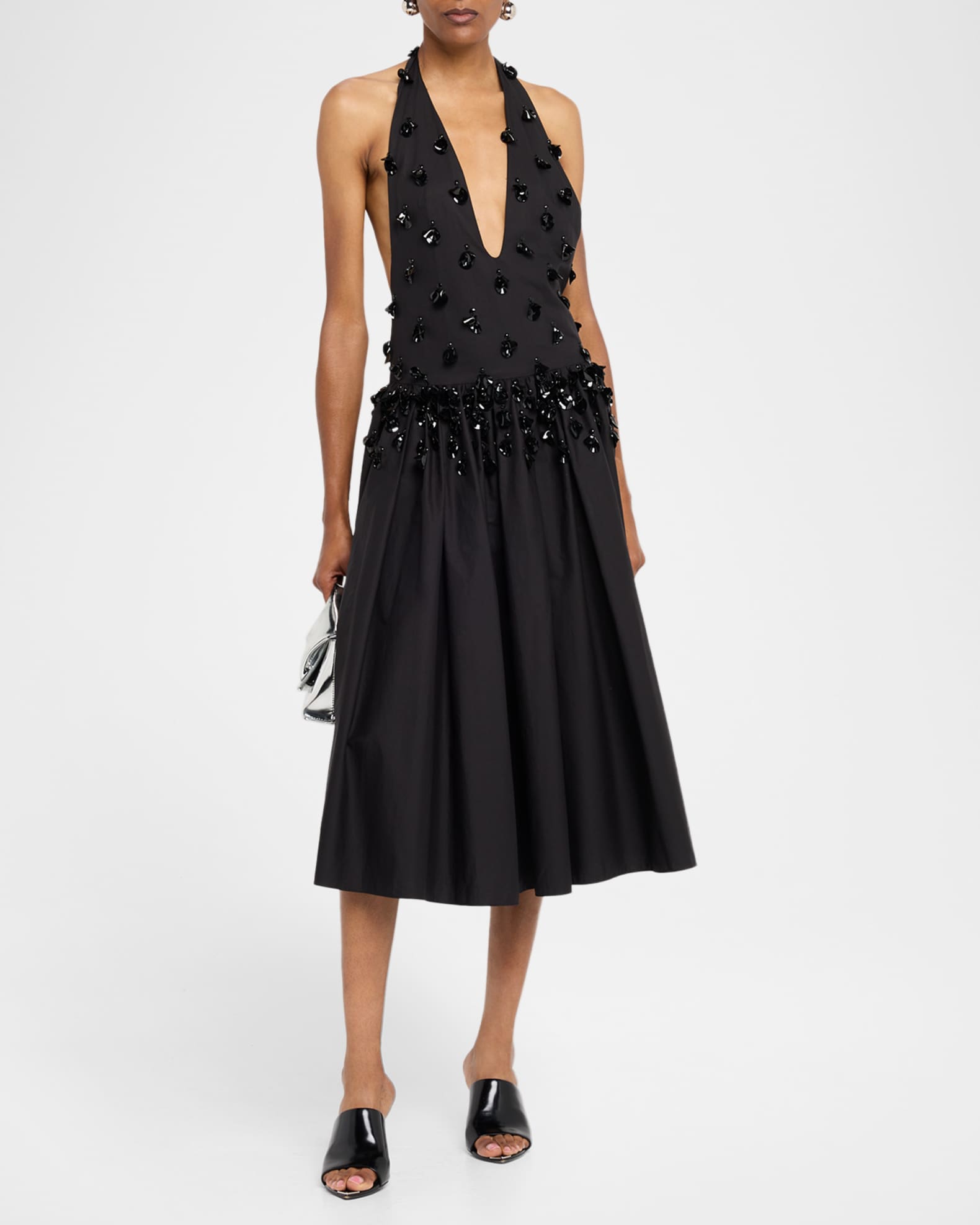 Diotima Nuit Embellished Plunging Halter Drop-Waist Gown, Black, Women's, 3, Evening Formal Gala Gowns Mother of the Bride Groom Halter Neck Gowns