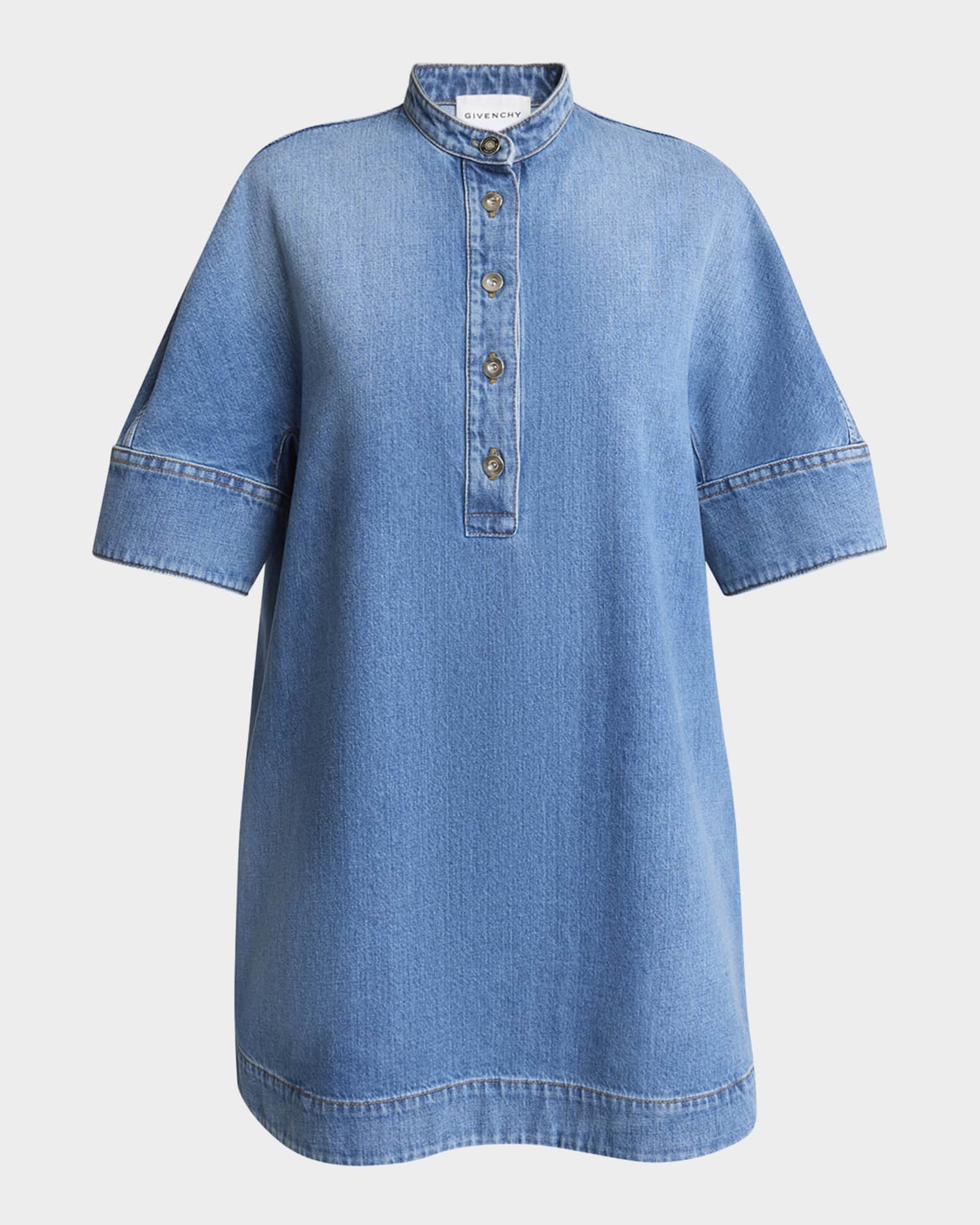 Short-Sleeve Denim A-Line Mini Dress 0