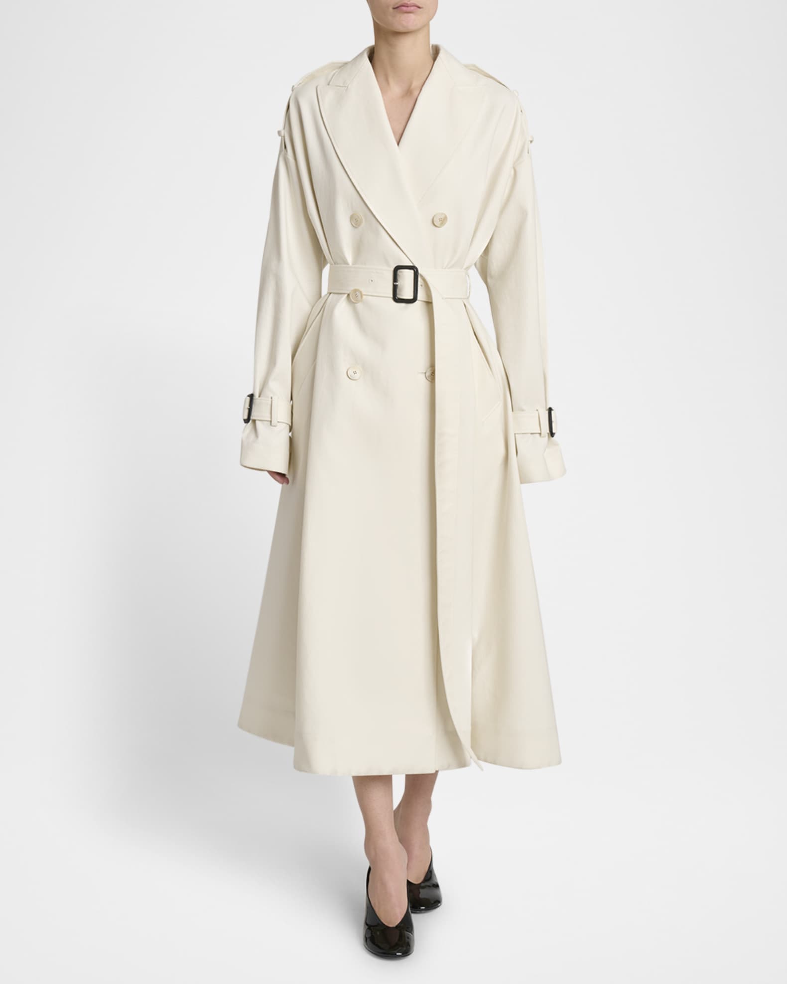 Cocoon Shoulder Double-Breasted Belted Trench Coat 1