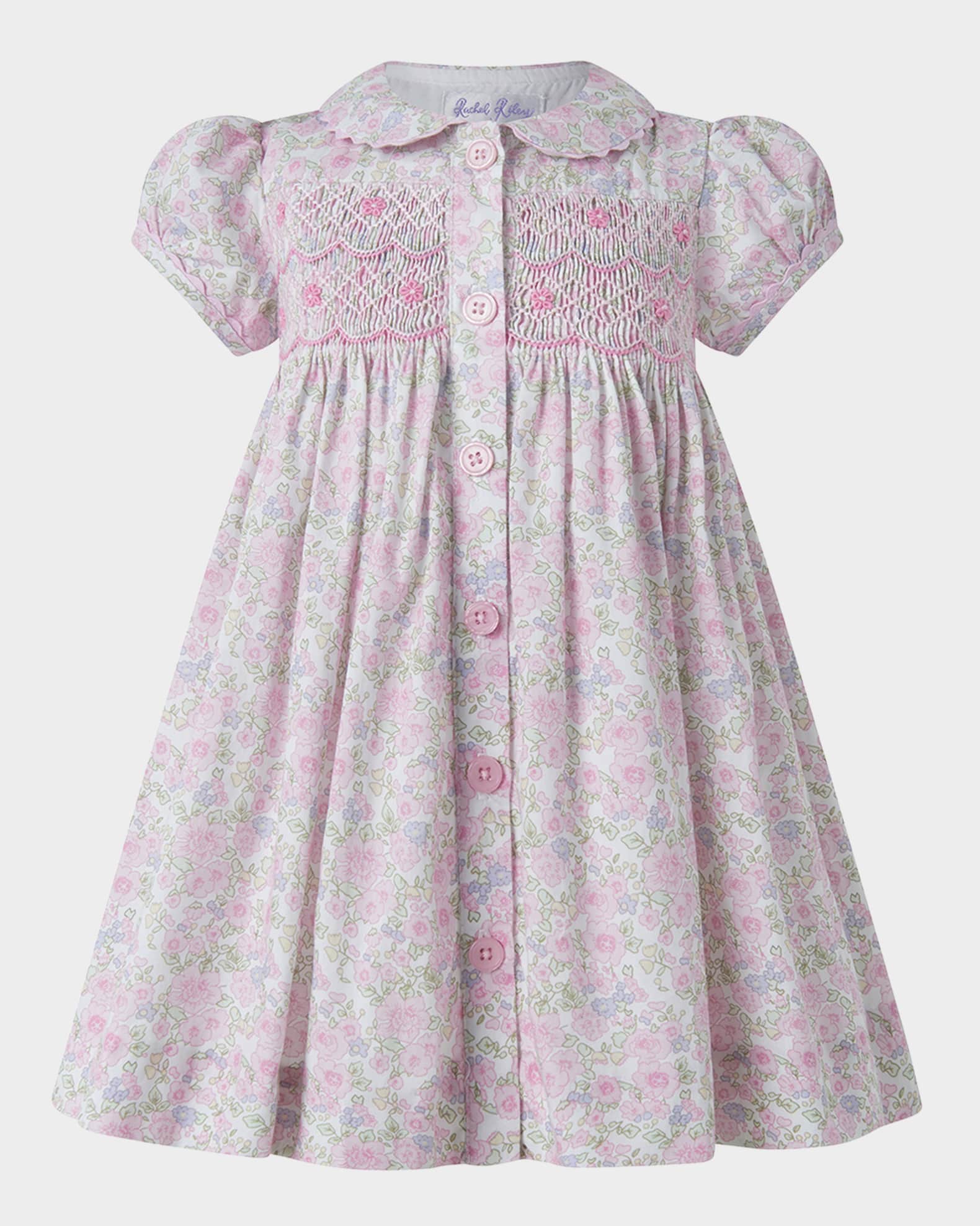 Girl's Ditsy Smocked Button-Front Dress and Bloomers Set, Size 6M-24M 0