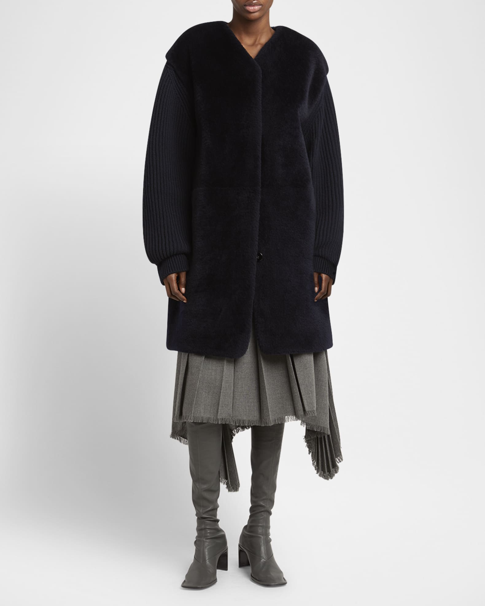 Sheep Shearling Knit-Sleeves Kaban Coat 1