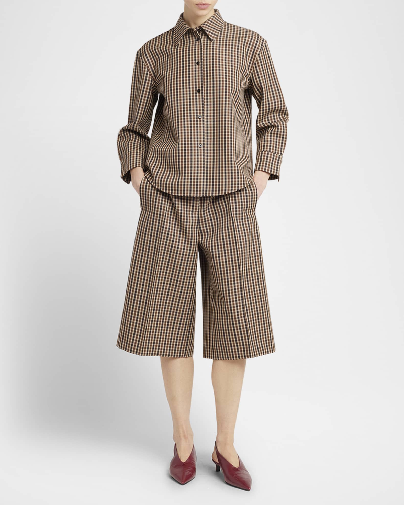 【関税&送料込】Jil Sander Brown Check Wool Bermuda Shorts Jil Sander Check Straight-Leg Bermuda Shorts | Neiman Marcus
