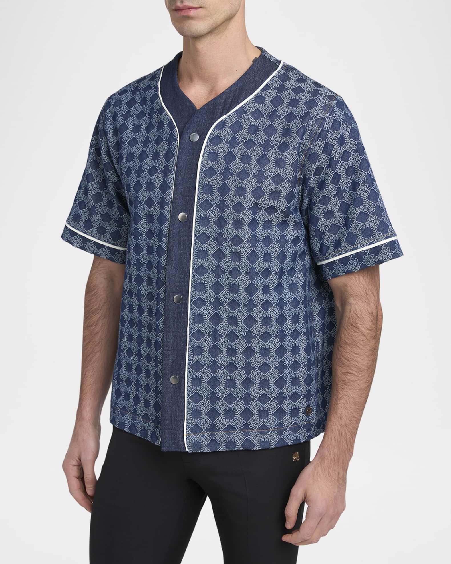 AMIRI MA Quad デニム ベースボールシャツ 人気 Amiri Men's MA Quad Denim Snap-Front Baseball Shirt | Neiman