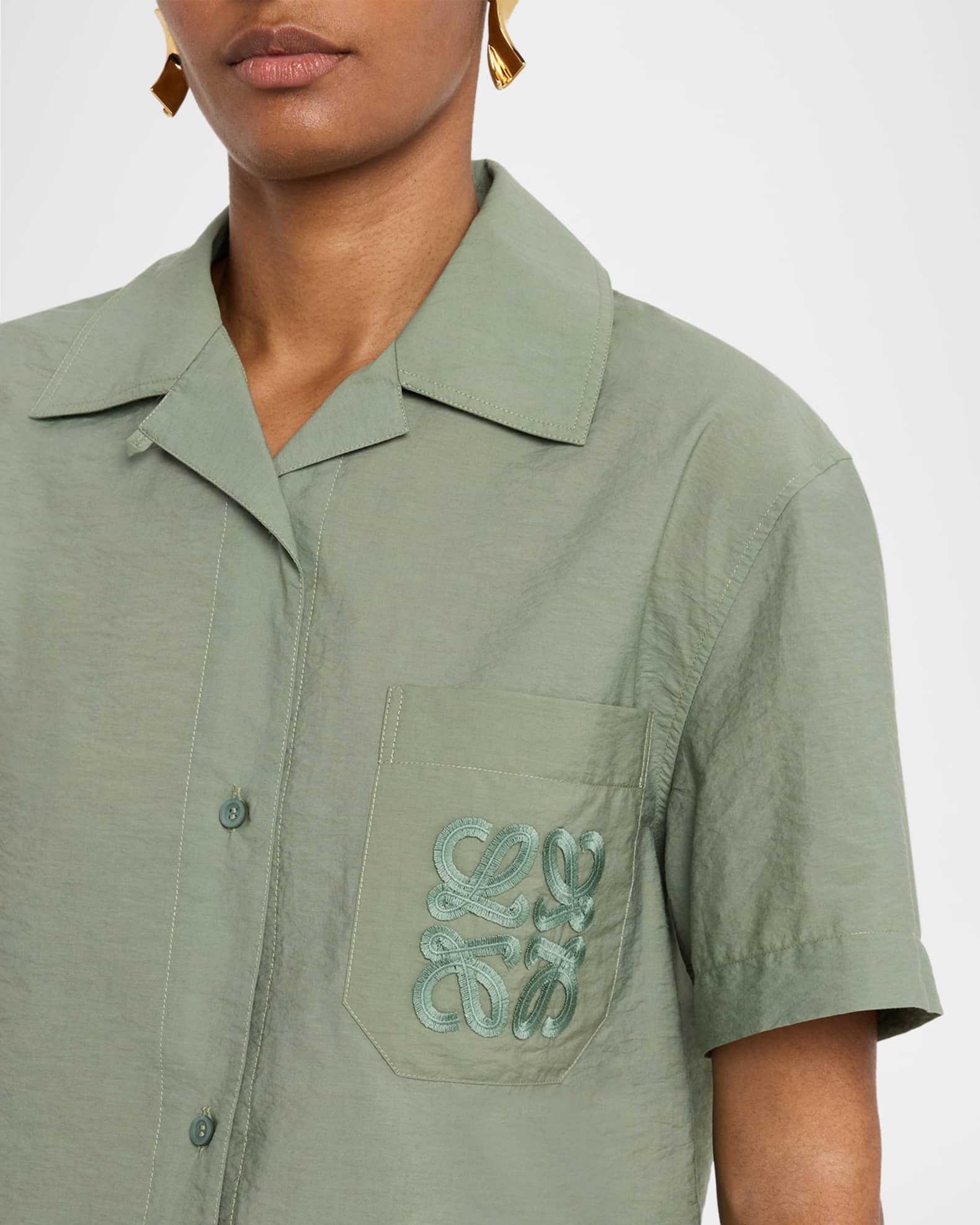 Loewe Anagram Pocket Short-Sleeve Crop Shirt | Neiman Marcus