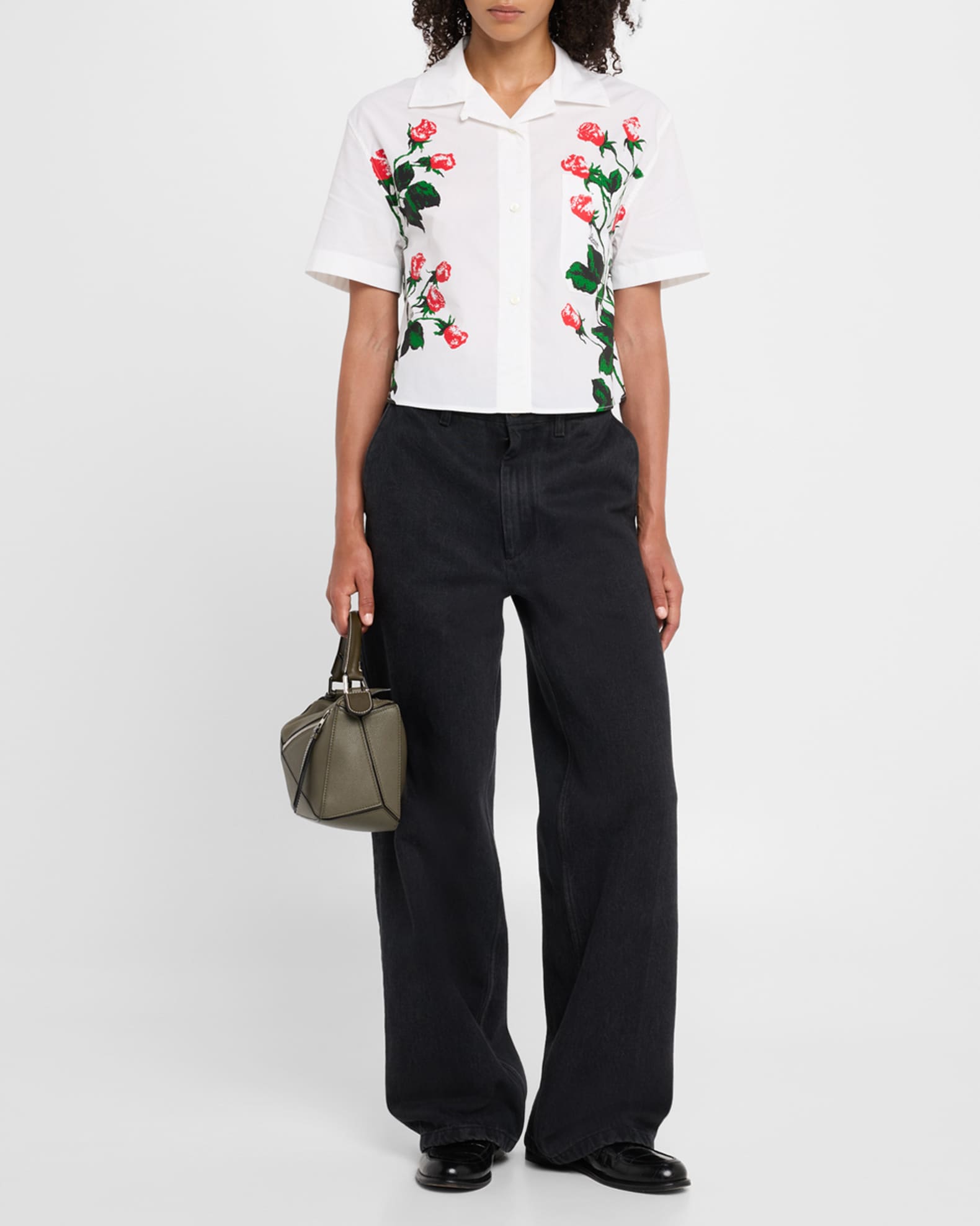 Loewe Flower Print Poplin Cropped Shirt | Neiman Marcus Loewe Flower Print Poplin Cropped Shirt | Neiman Marcus