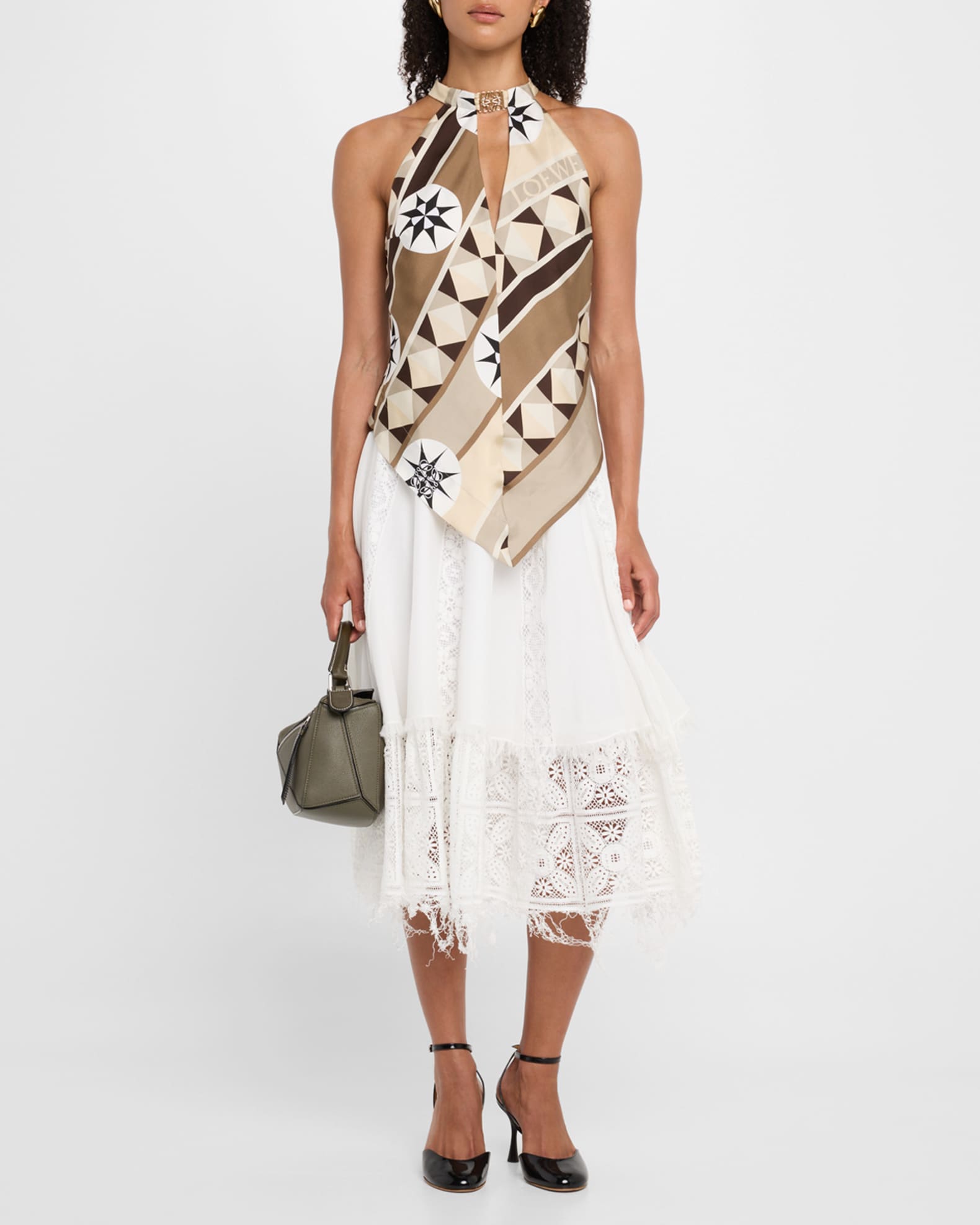 Anagram Keyhole Geo-Print Silk Halter Top 1