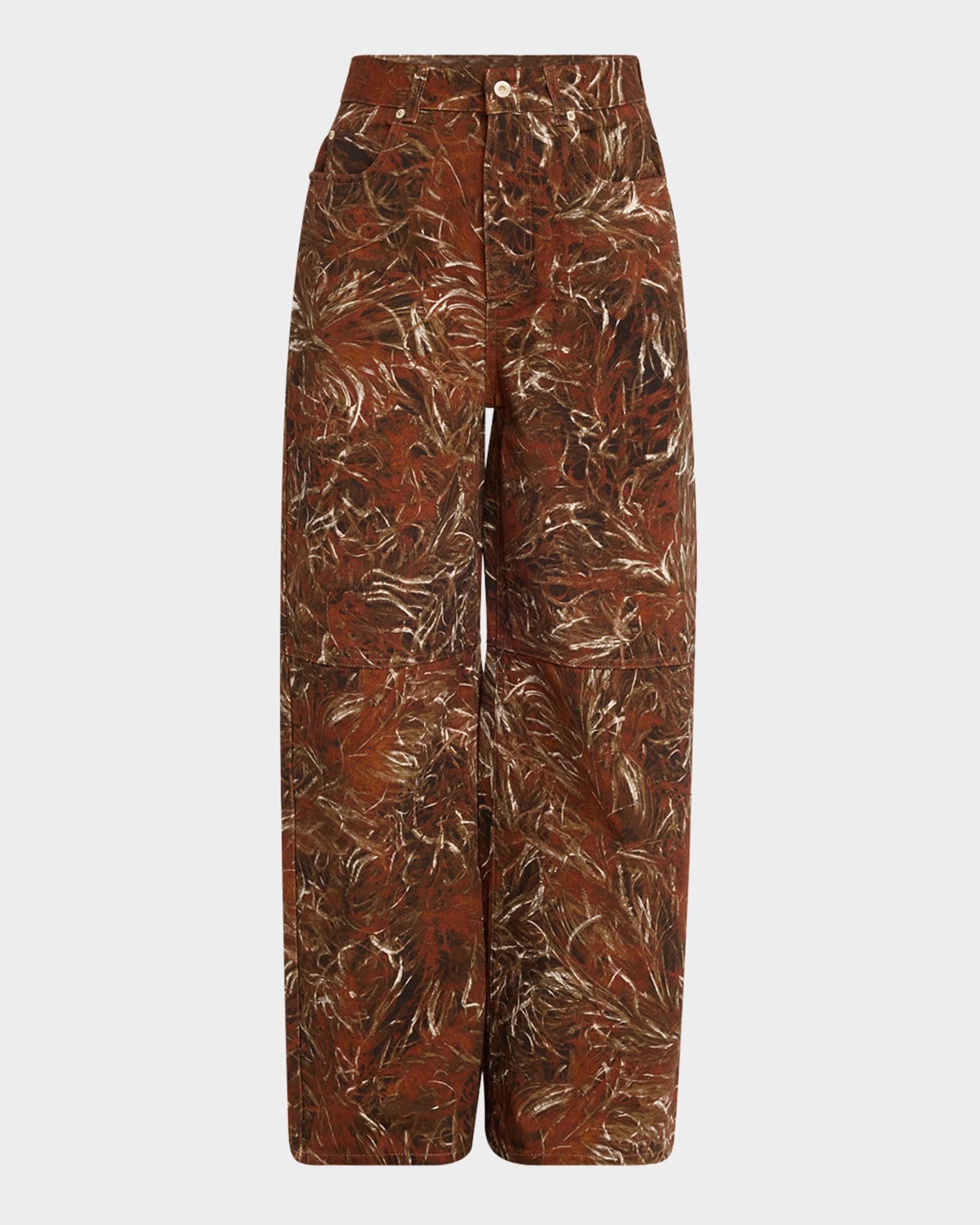 Feather Printed Denim Wide-Leg Pants 0