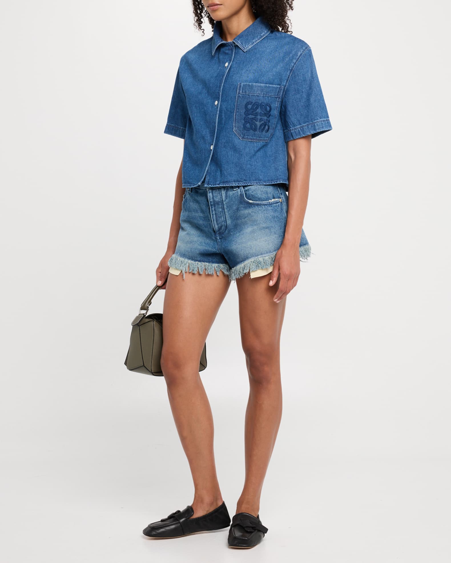 Anagram Pocket Short-Sleeve Crop Denim Shirt 1