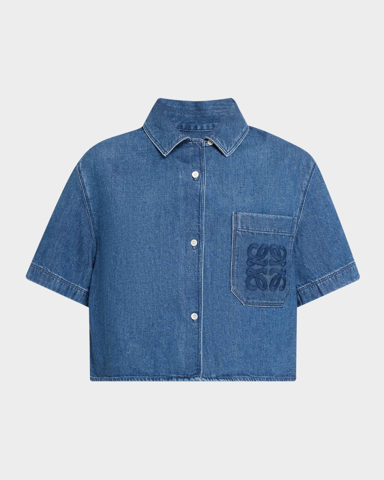 Loewe Anagram Pocket Short-Sleeve Crop Denim Shirt | Neiman
