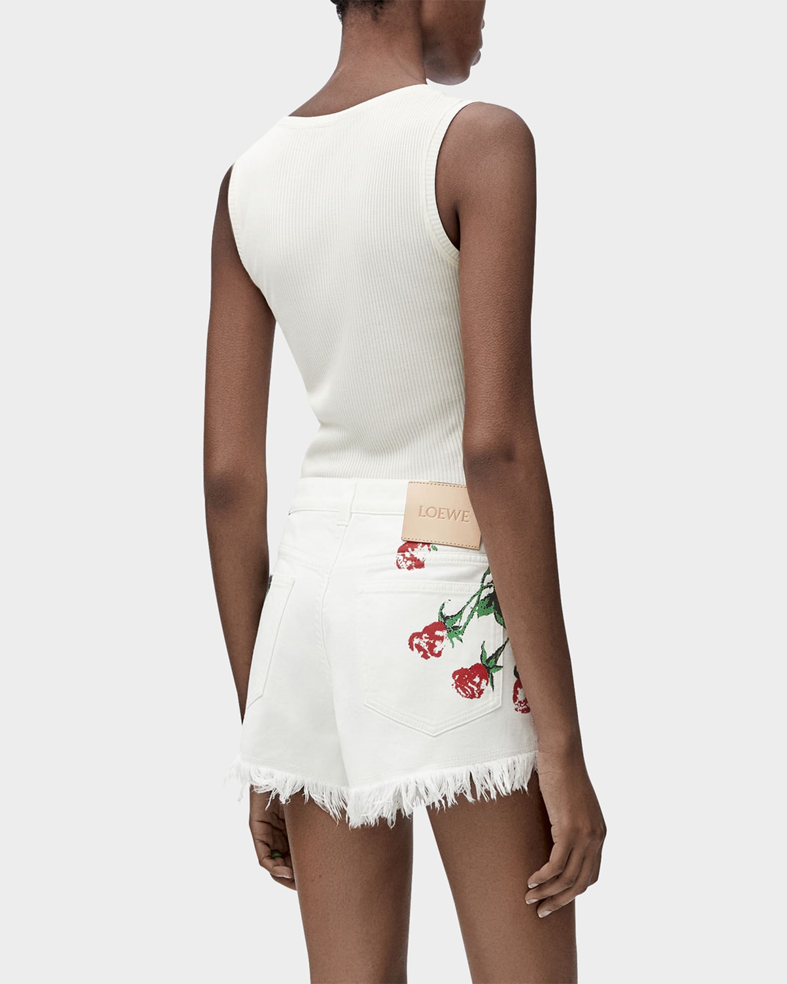 Flower-Print Fringed Peekaboo Denim Shorts 1