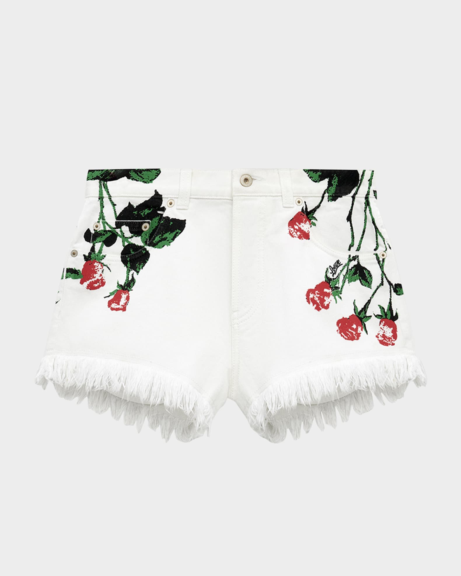 Flower-Print Fringed Peekaboo Denim Shorts 0