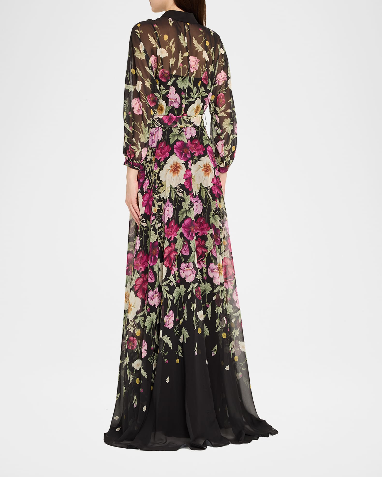 Rickie Freeman for Teri Jon Floral-Print Chiffon Shirt Gown | Neiman Marcus