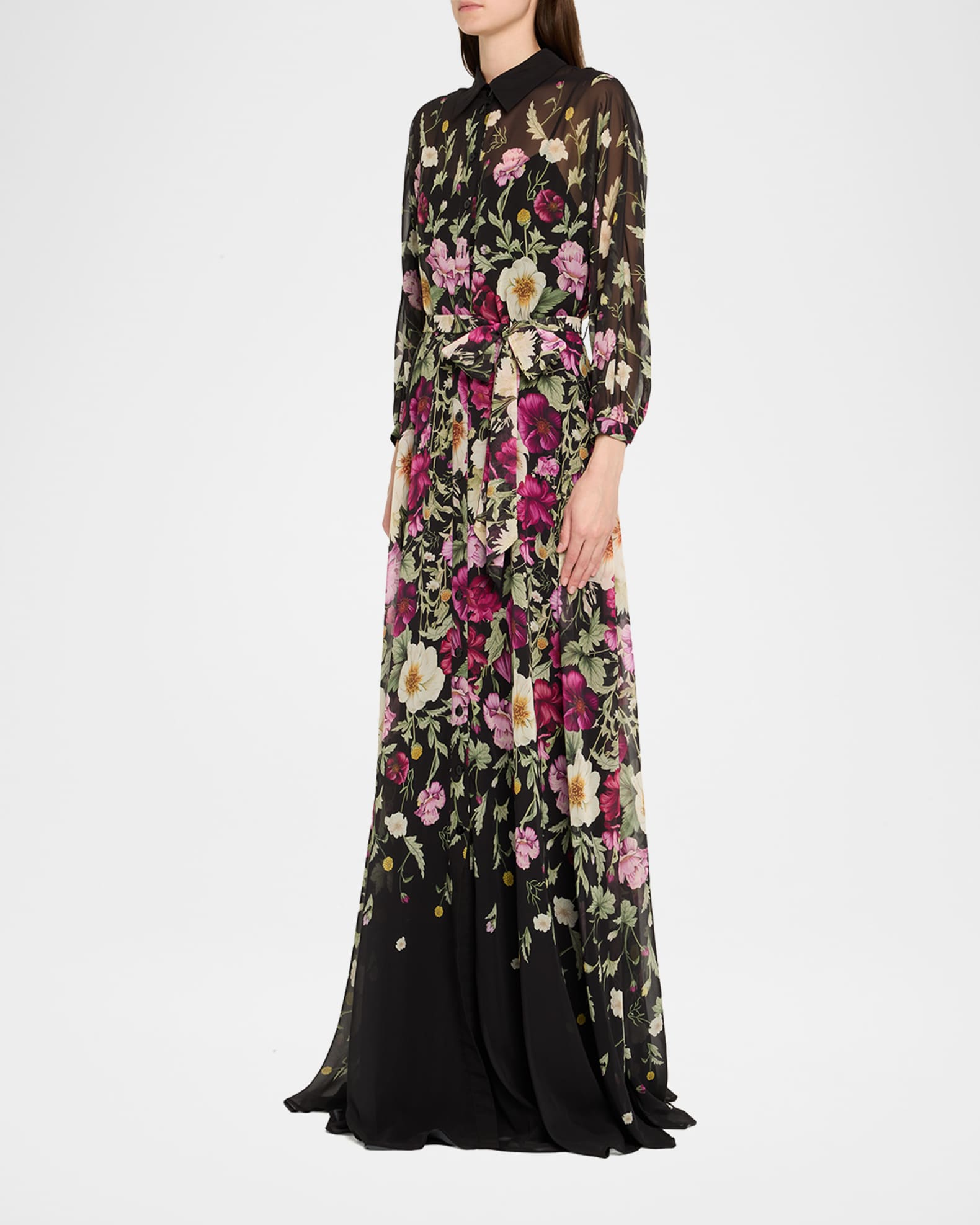 Rickie Freeman for Teri Jon Floral-Print Chiffon Shirt Gown | Neiman Marcus