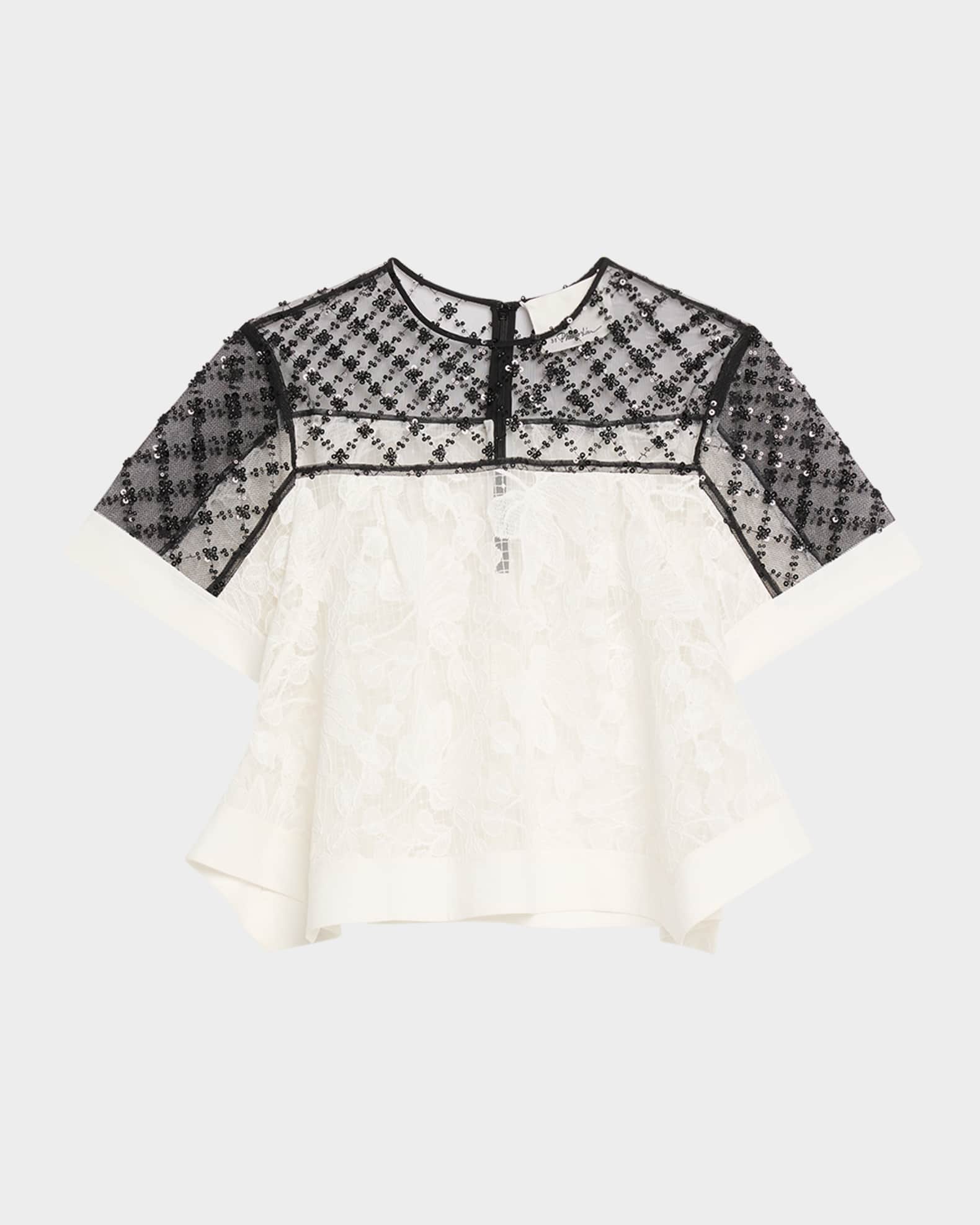 3.1 Phillip Lim Corded Lace Organza Short-Sleeve Flounce Top