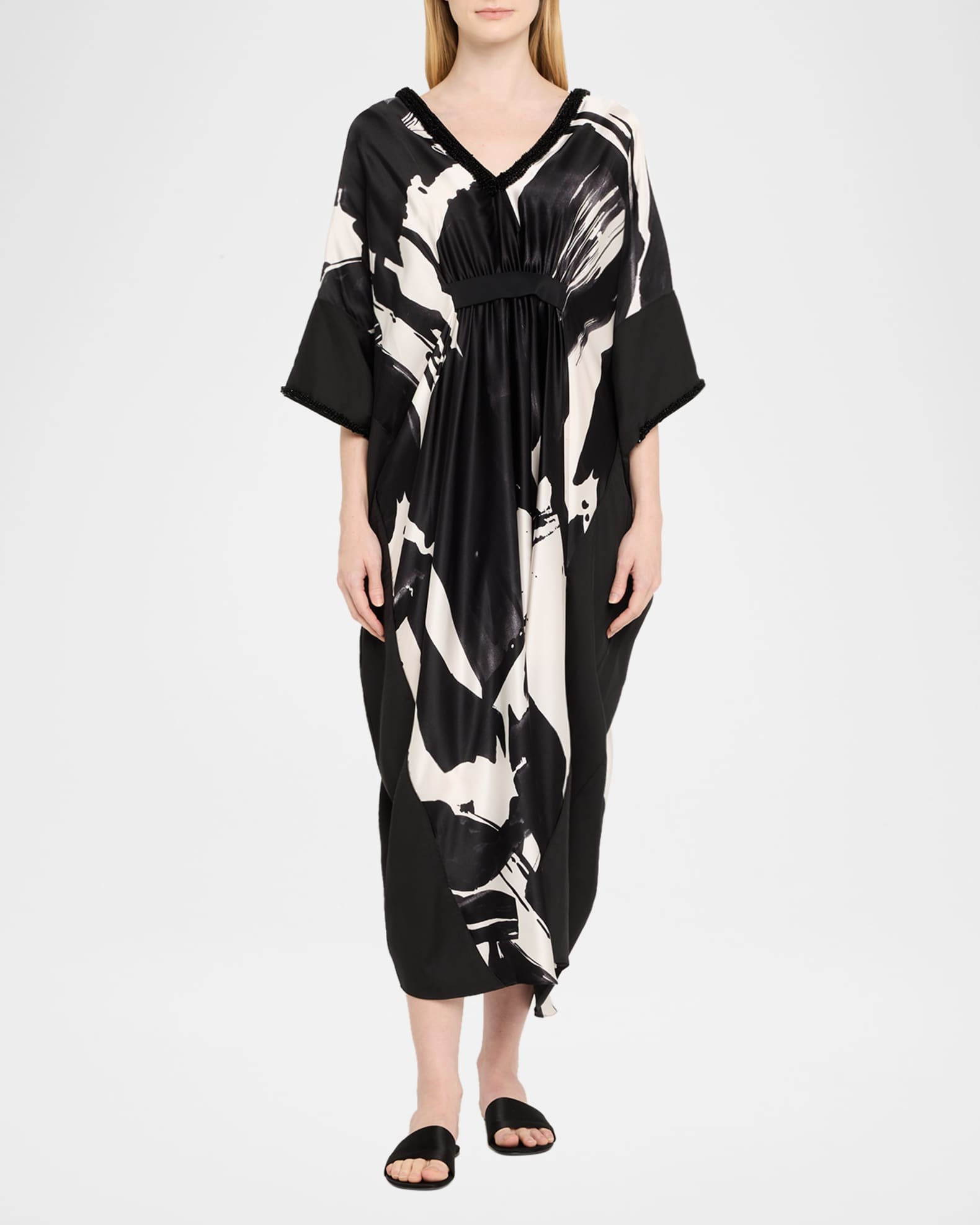 Shodo Beaded Brushstroke-Print Silk Caftan 1