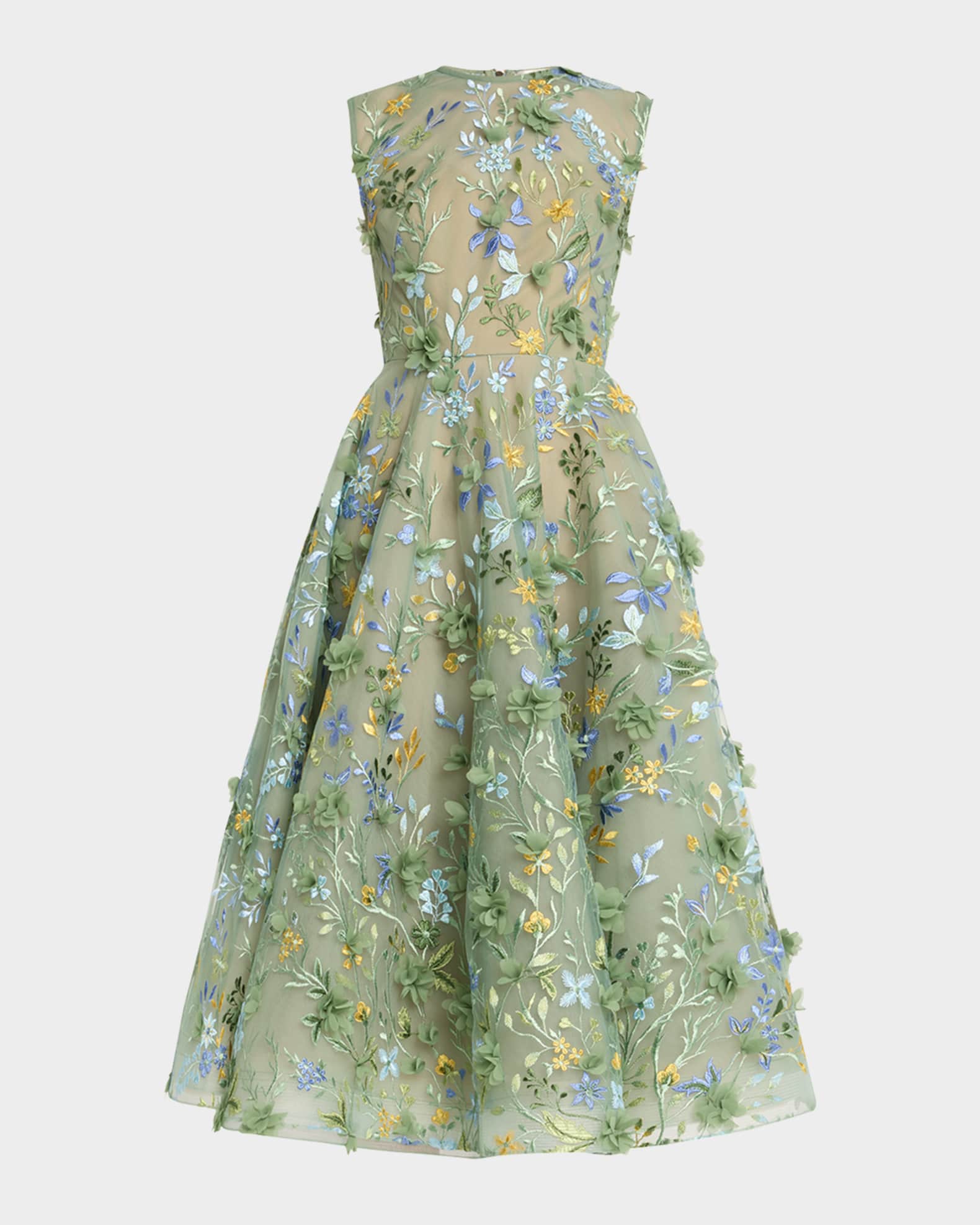 Saba Sleeveless Floral-Embroidered Midi Dress 0