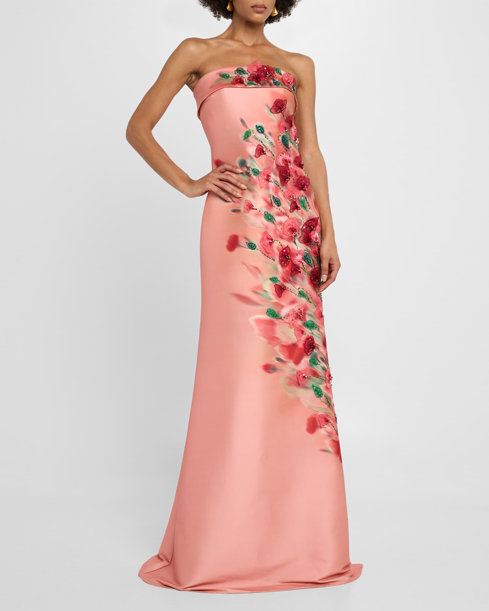 Badgley Mischka Strapless Embellished Floral-Print Gown