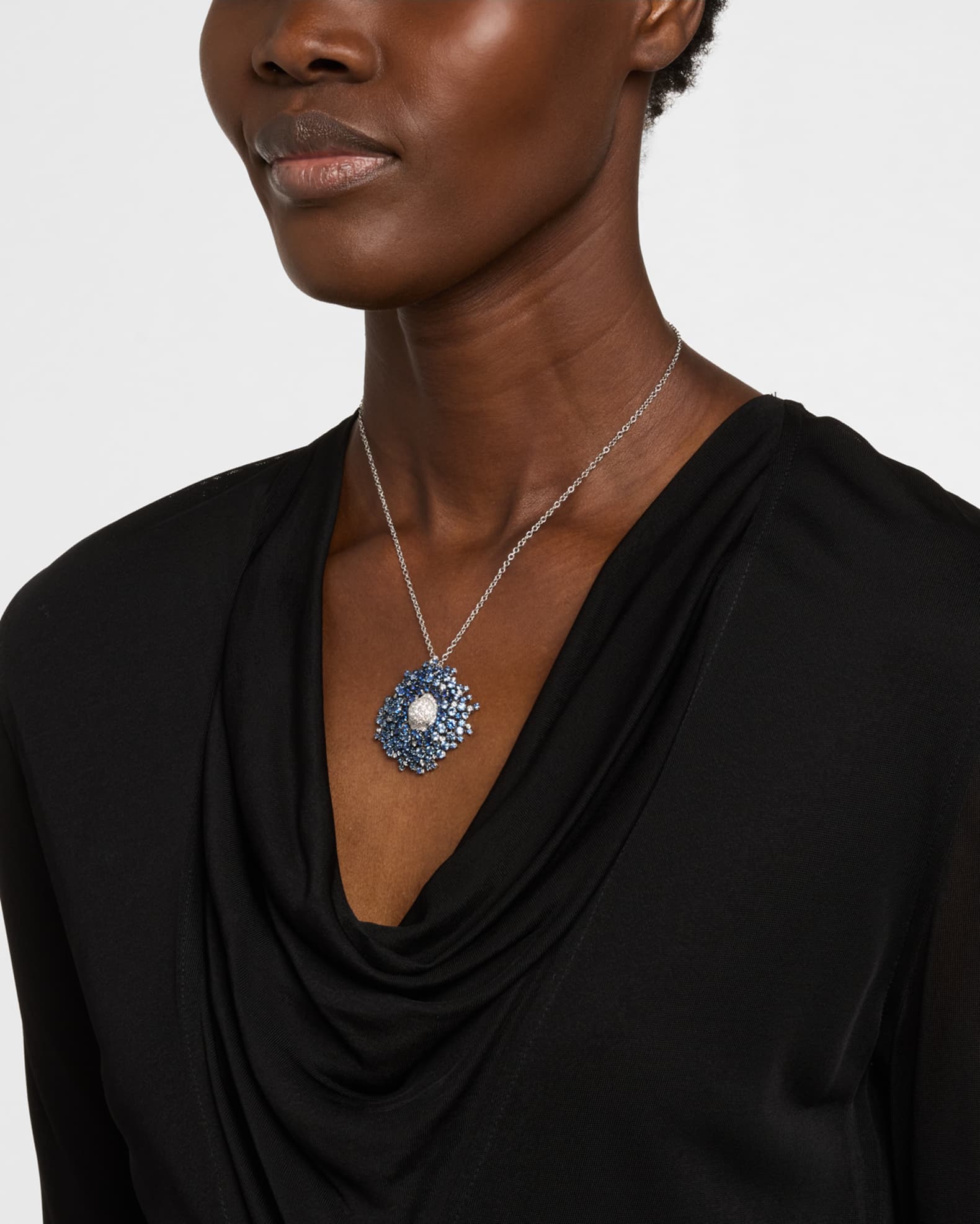 18K White Gold Cluster Pendant Necklace with White Diamonds and Blue Sapphires 1