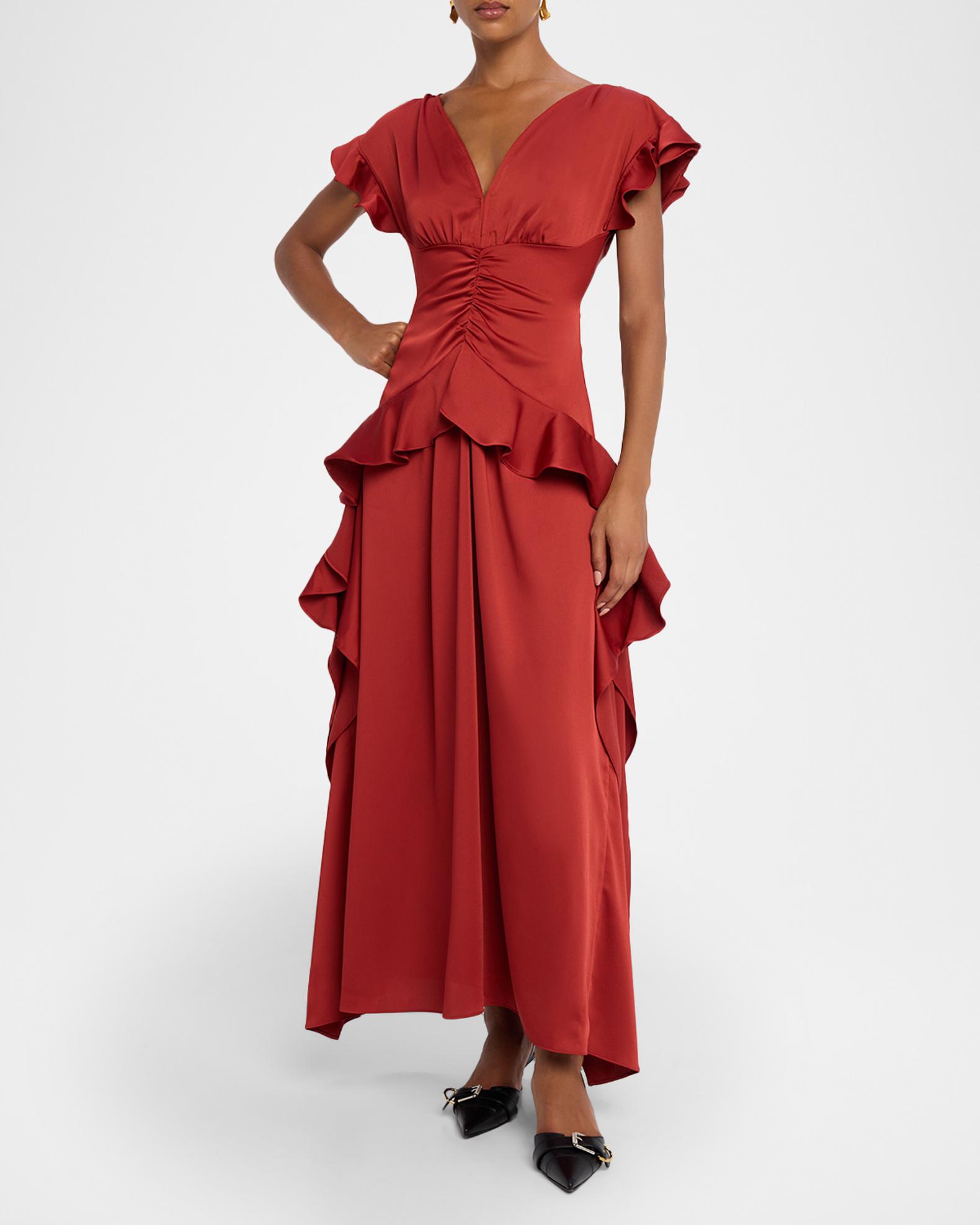 aknvas red ruffle dress AKNVAS Danielle Draped Ruffle Satin Dress, Clay, Women's, 2, Cocktail & Party Wedding Guest Dresses Satin & Silk Dresses