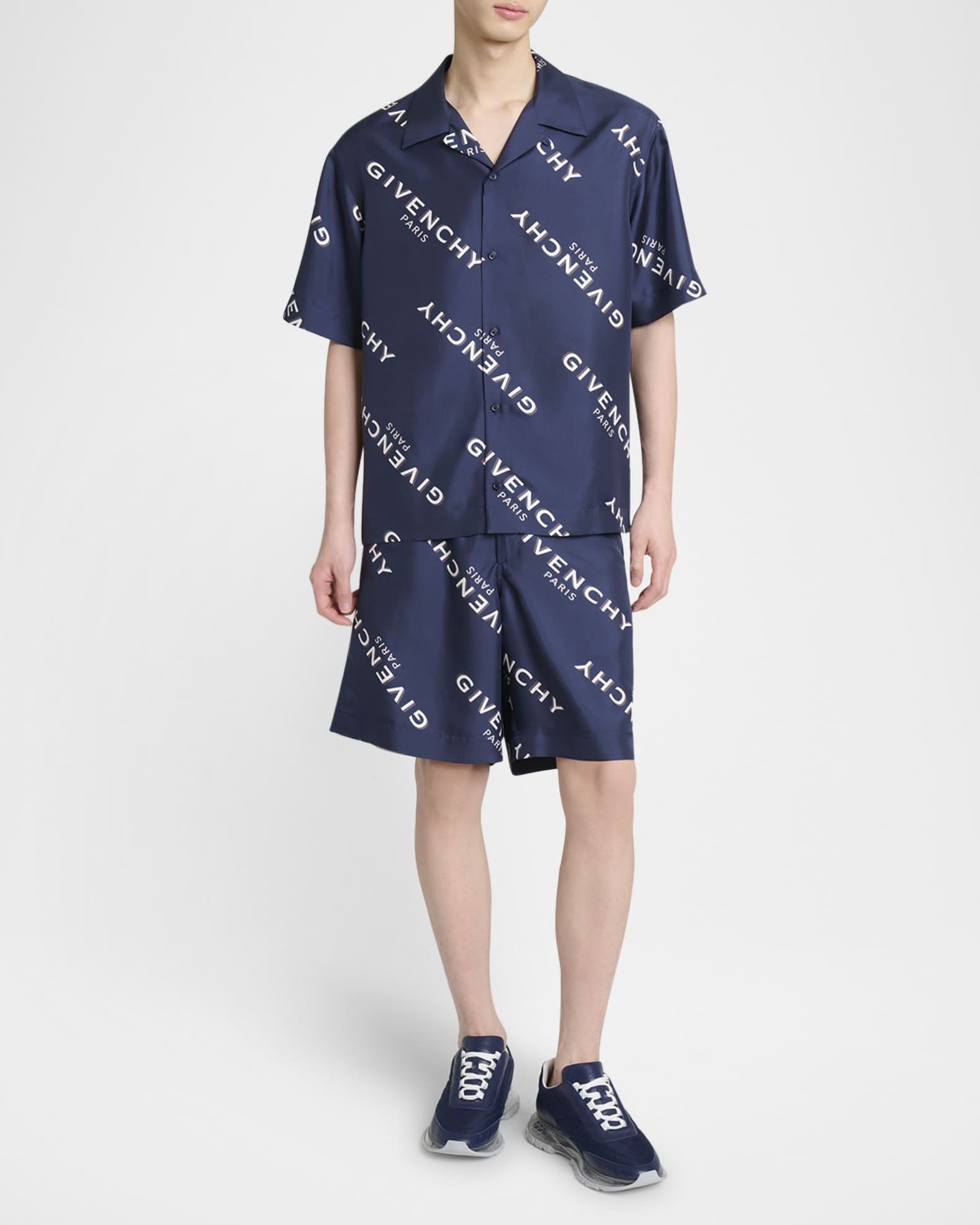 Givenchy Men's Silk All-Over Logo Shorts | Neiman Marcus