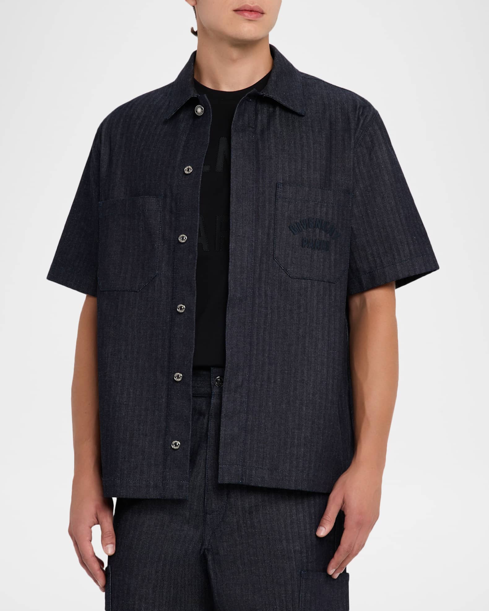 Givenchy Men's Denim Herringbone Short-Sleeve Shirt | Neiman Marcus