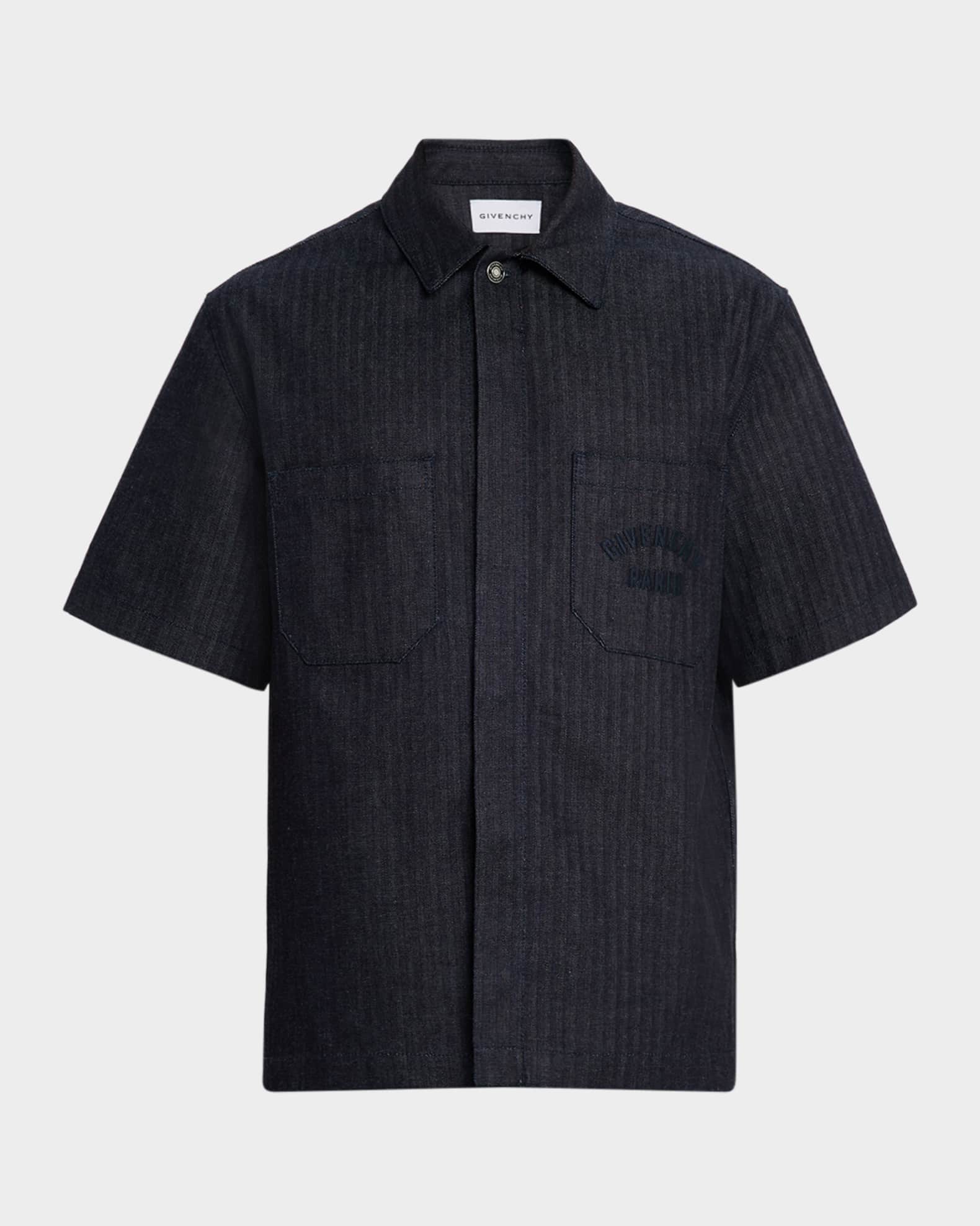Men's Denim Herringbone Short-Sleeve Shirt 0
