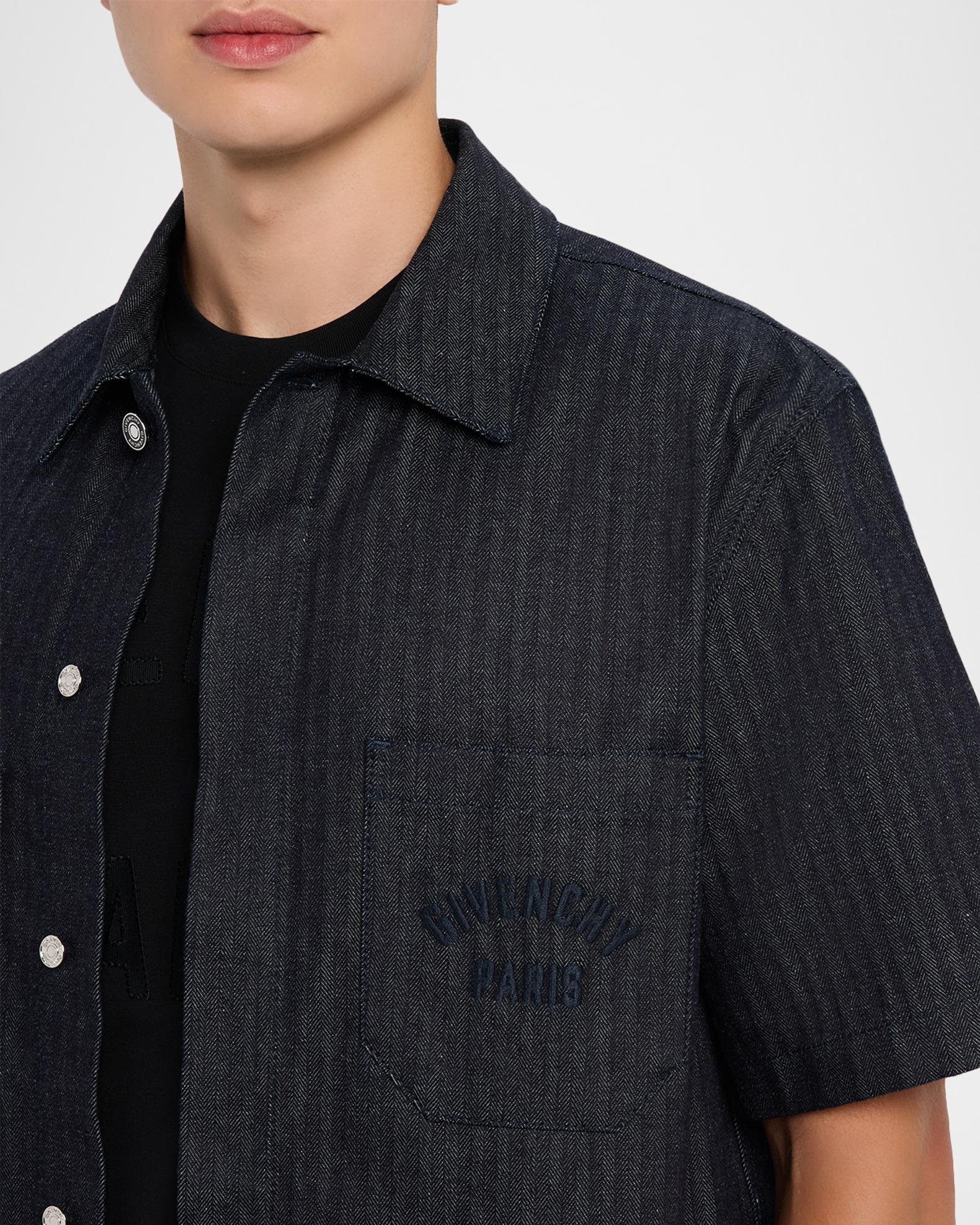 Givenchy Men's Denim Herringbone Short-Sleeve Shirt | Neiman Marcus