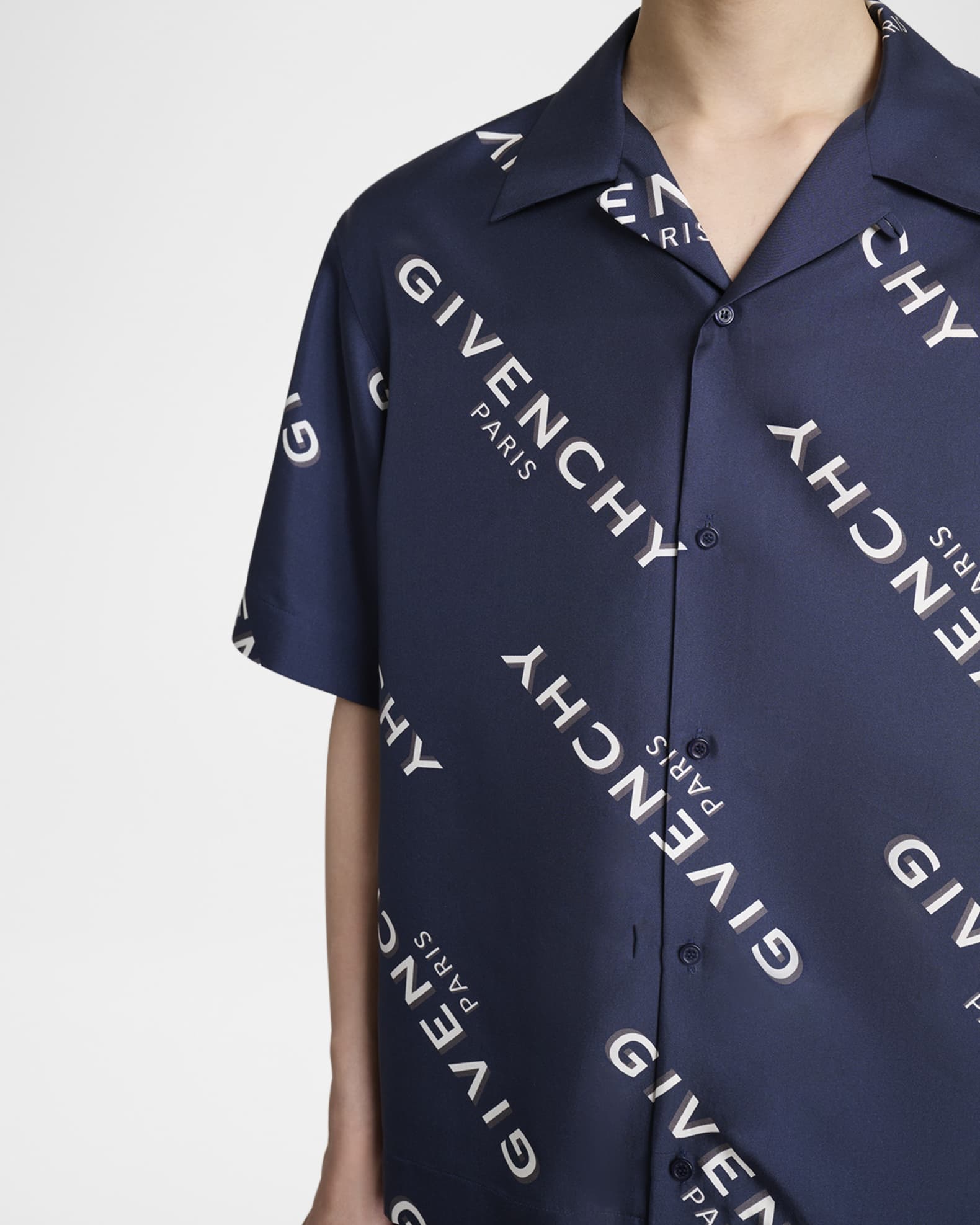Givenchy Men's Silk All-Over Logo Bowling Shirt | Neiman Marcus