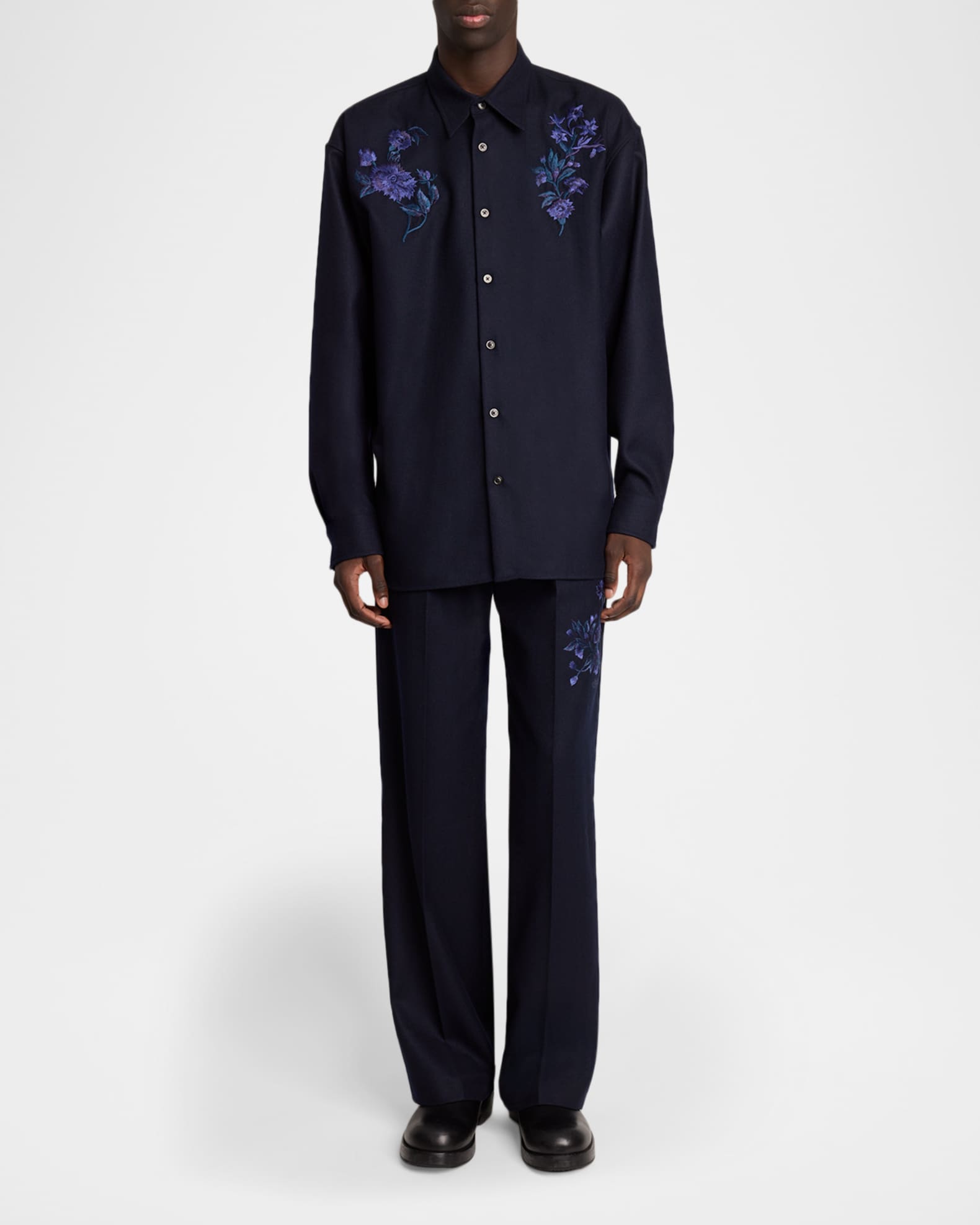 Dries Van Noten Men's Croom Wool Floral Embroidered Sport Shirt