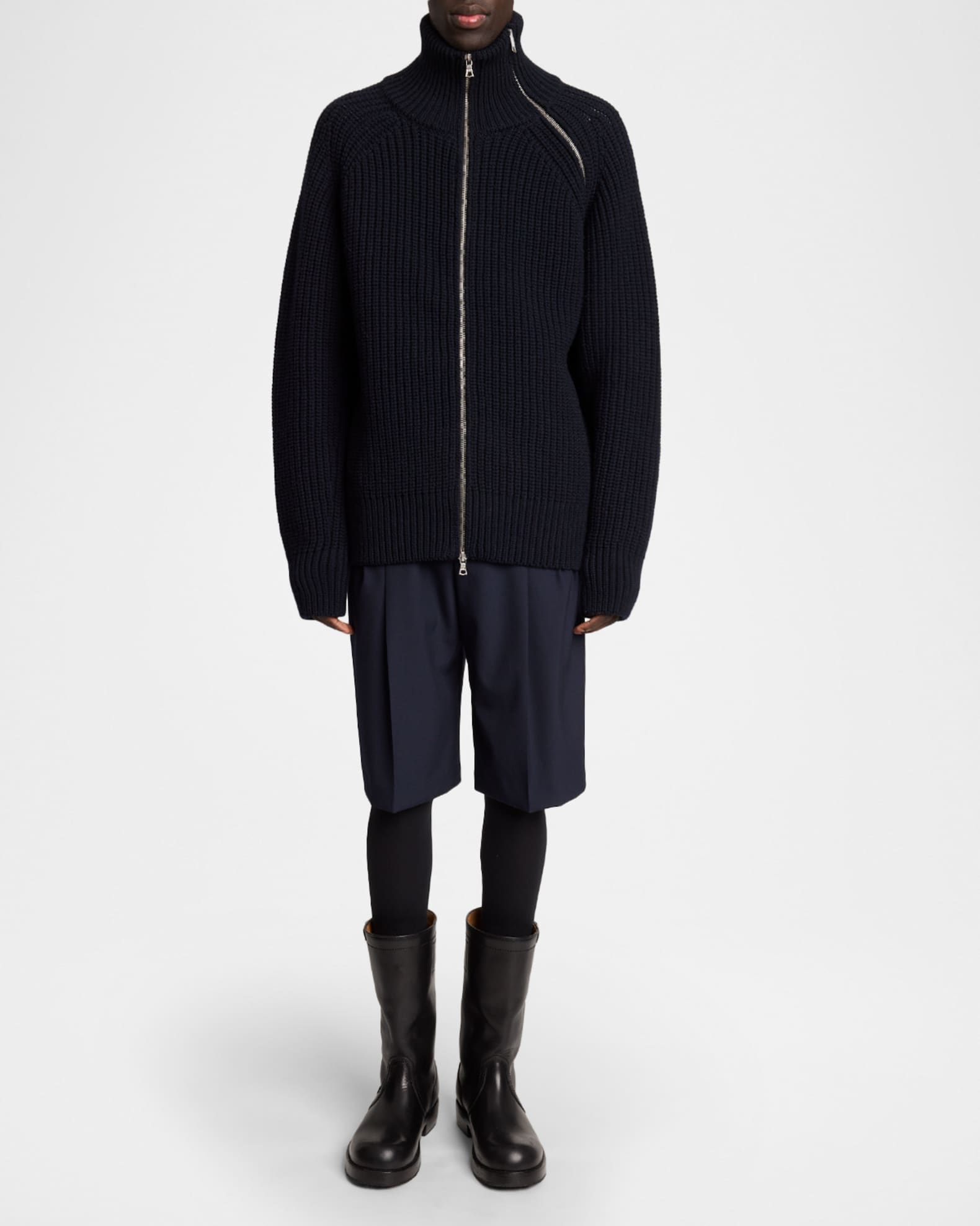 Dries Van Noten Men's Monty Wool Rib Assymetric-Zip Turtleneck