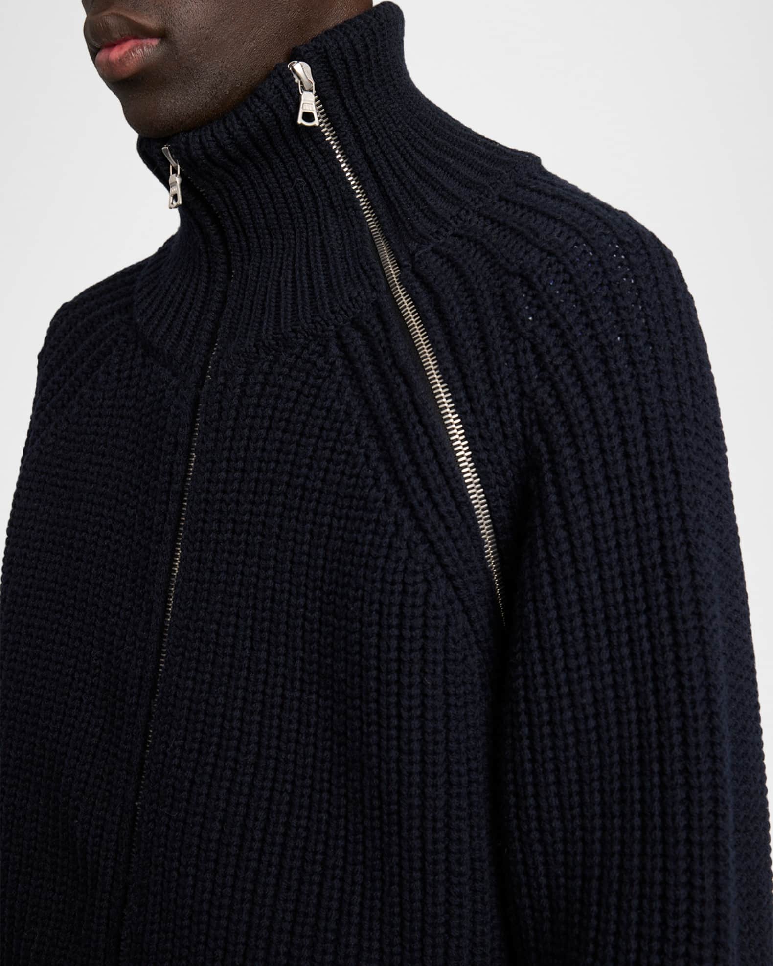 Dries Van Noten Men's Monty Wool Rib Assymetric-Zip Turtleneck