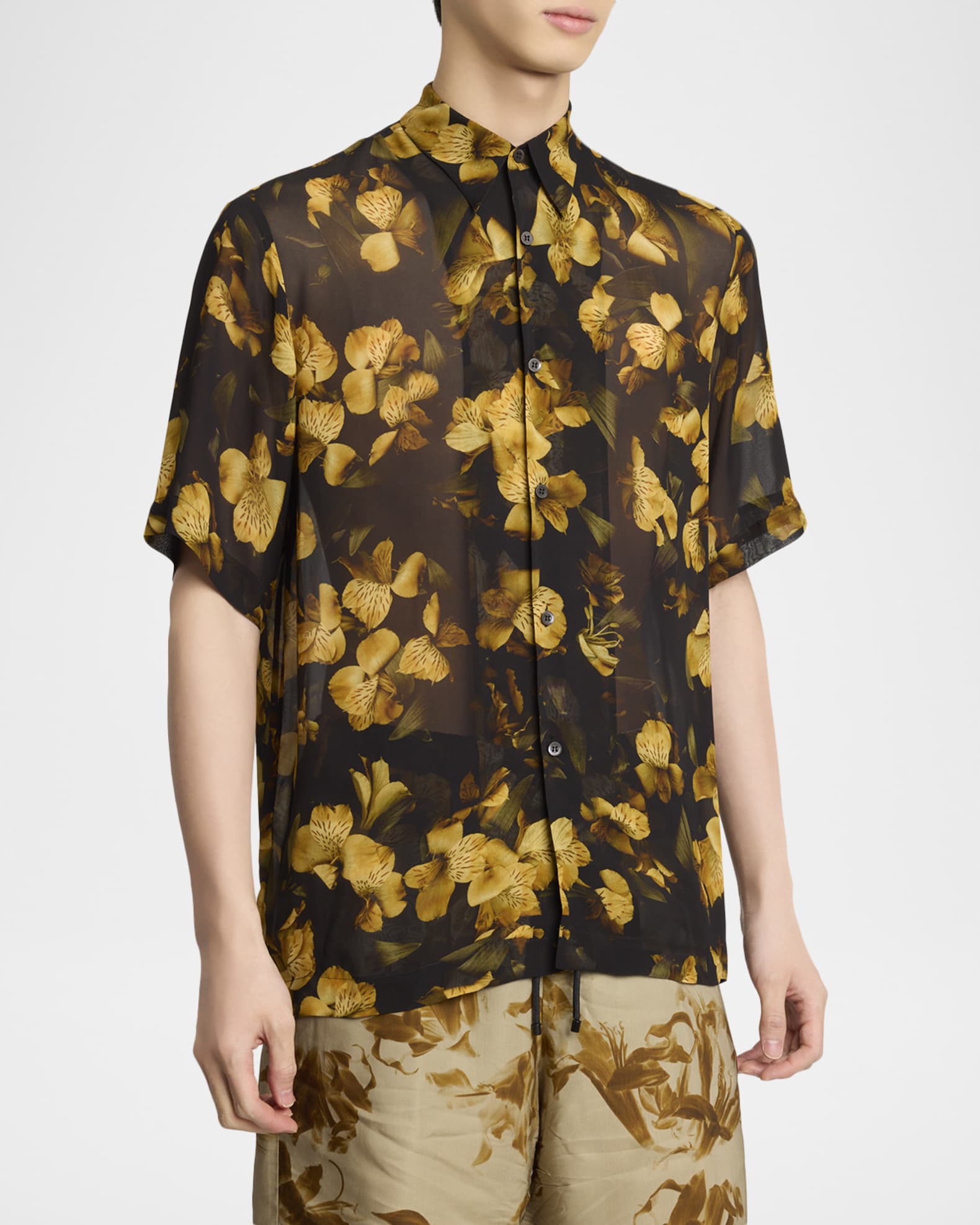 Dries Van Noten Men's Clasen Floral Viscose Short-Sleeve Shirt