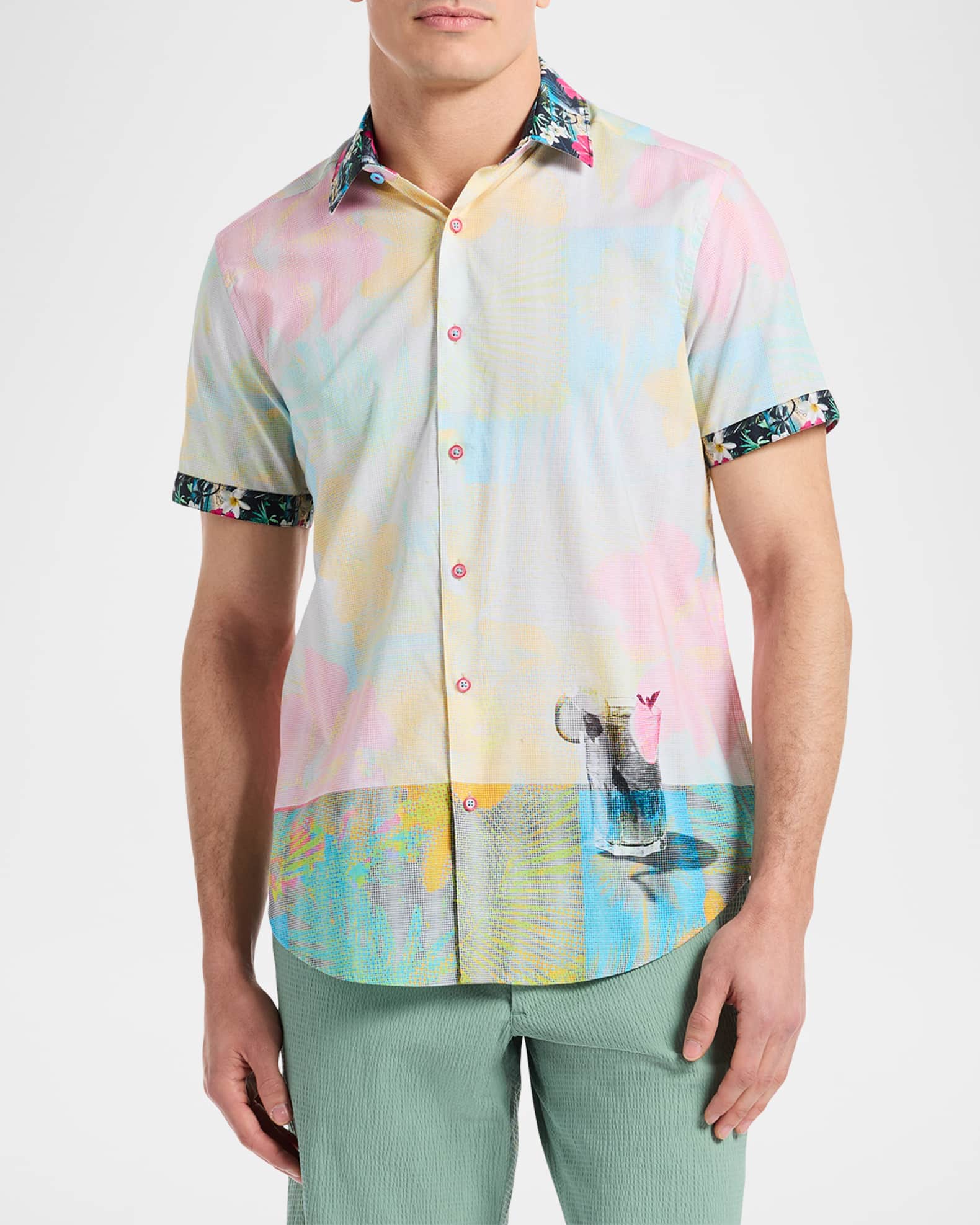 Robert Graham Men's Haze Contrast-Trim Short-Sleeve Shirt Neiman