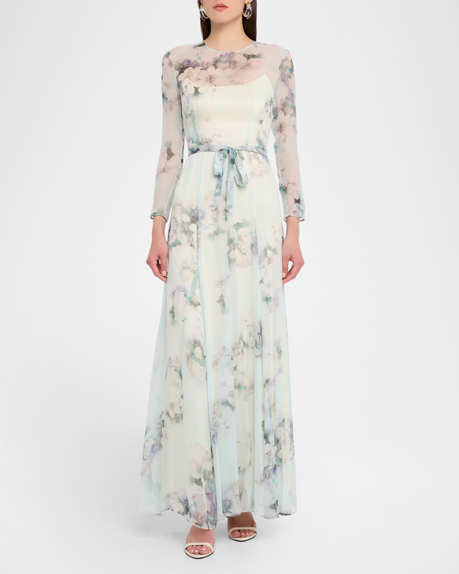Floral-Print Chiffon Long-Sleeve Maxi Dress 1