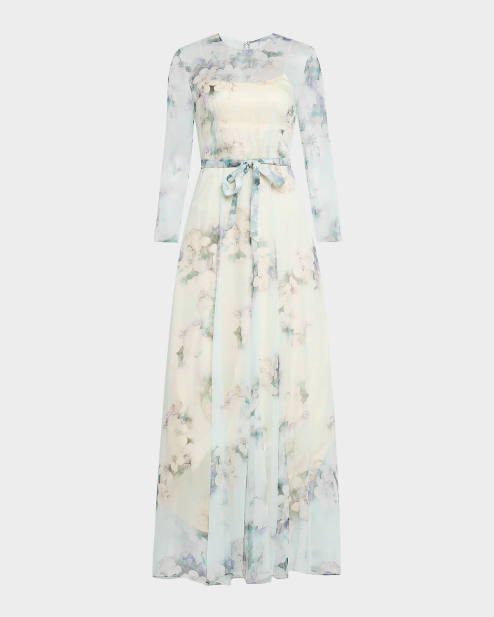 Floral-Print Chiffon Long-Sleeve Maxi Dress 0