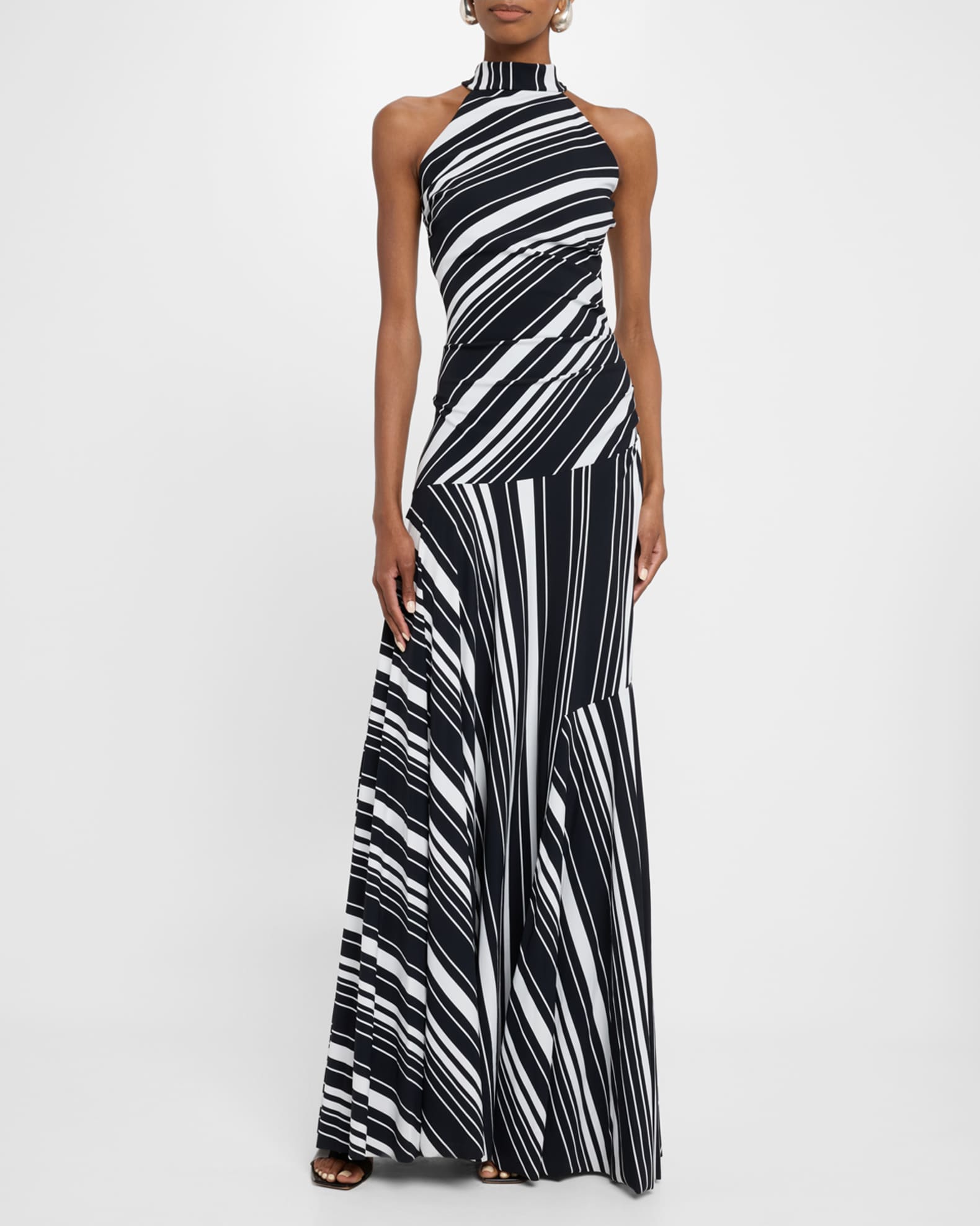 Sleeveless Striped Halter Gown
