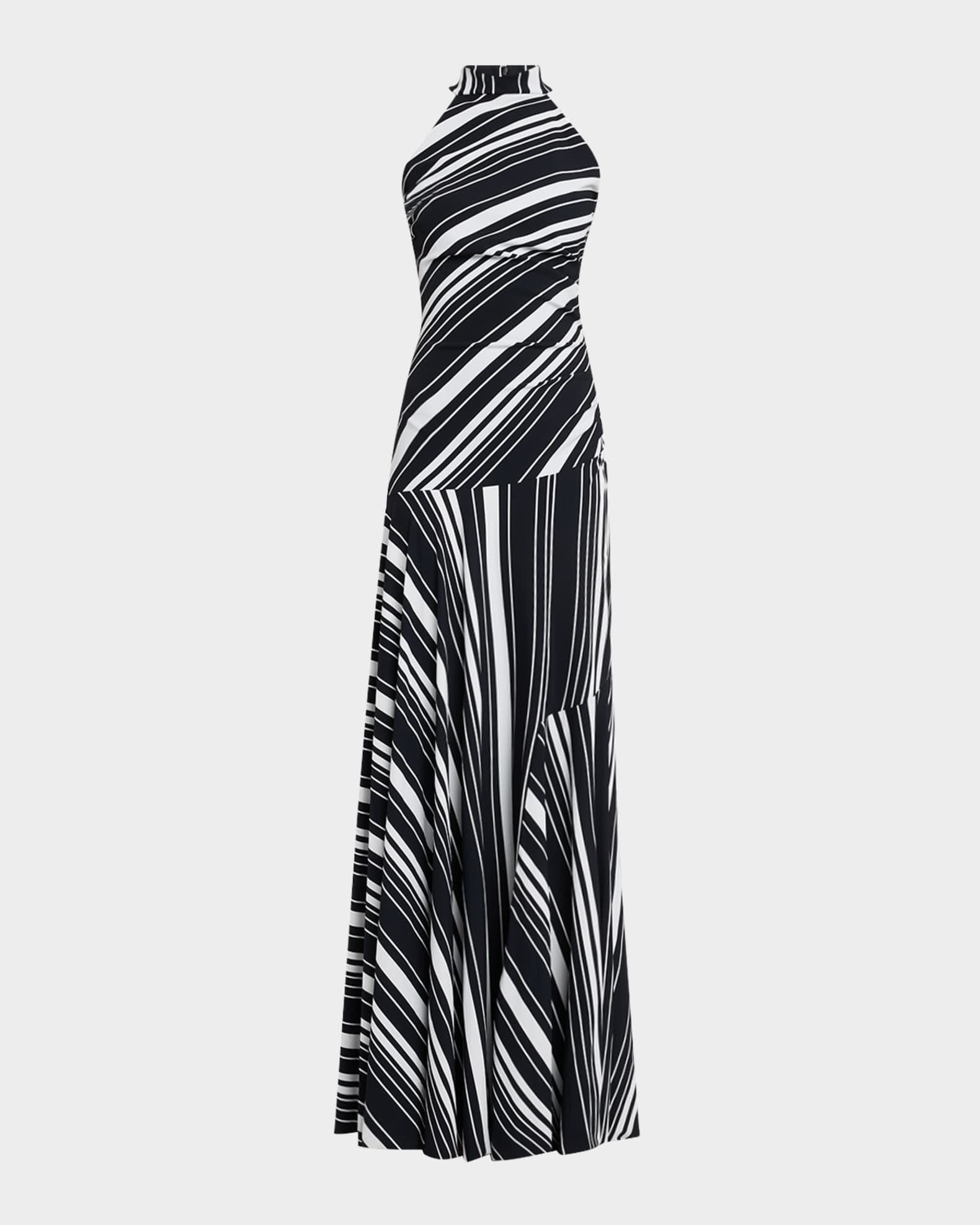 Sleeveless Striped Halter Gown 0
