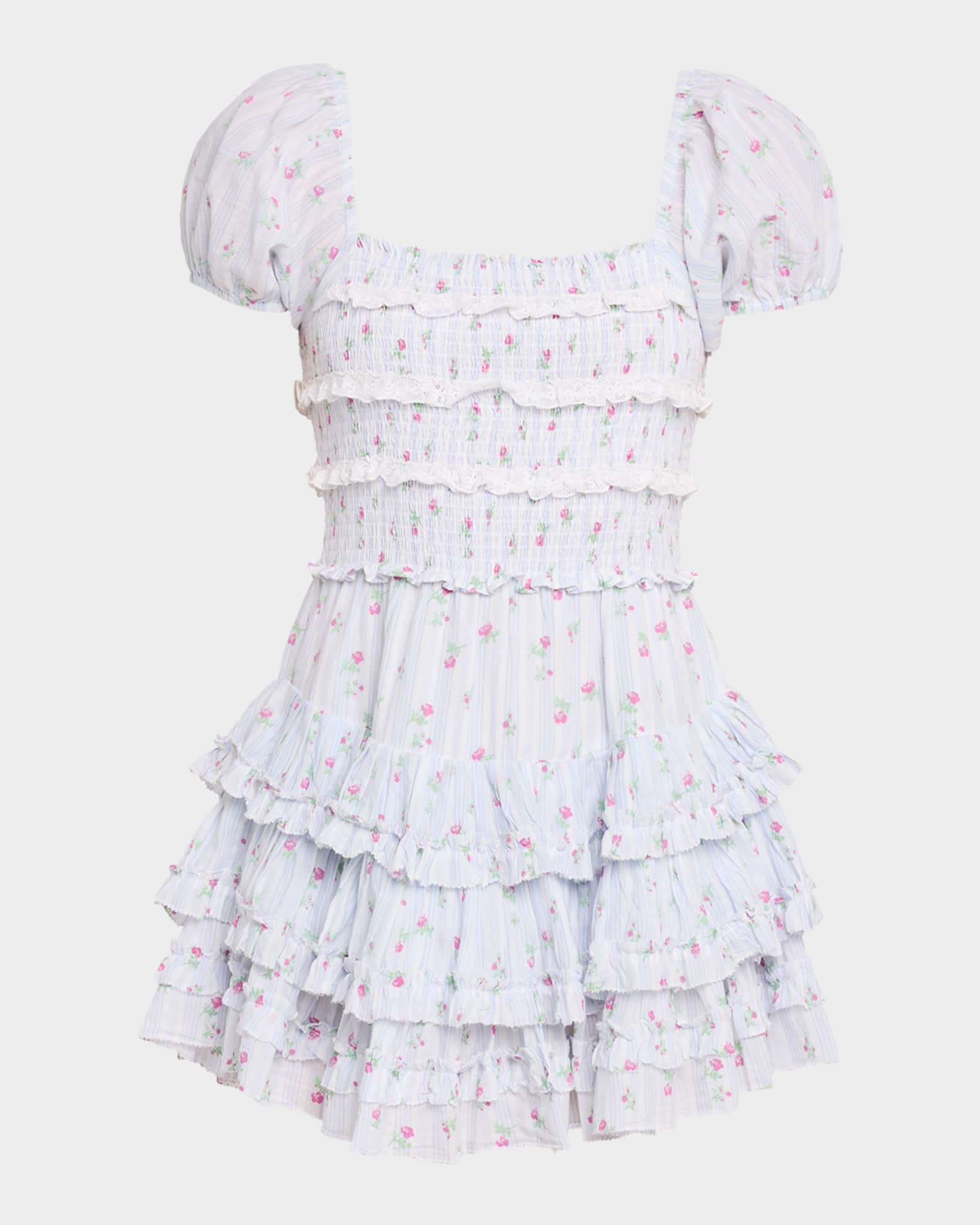 And The Why Smocked Floral Ruffle Short Sleeve Mini Dress