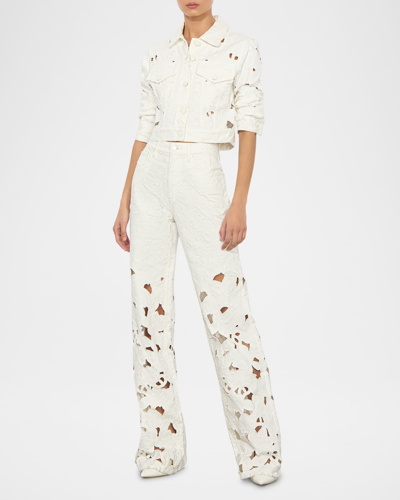 Alice + Olivia Chloe Eyelet-Embroidered Denim Jacket
